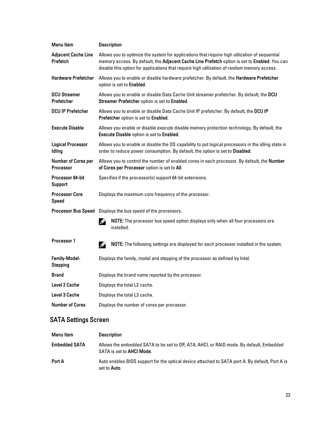 Dell E23S Series owner manual Sata Settings Screen 