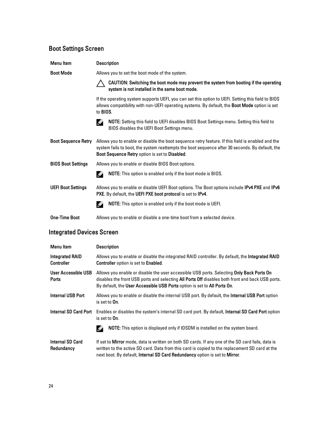 Dell E23S Series owner manual Boot Settings Screen, Integrated Devices Screen 