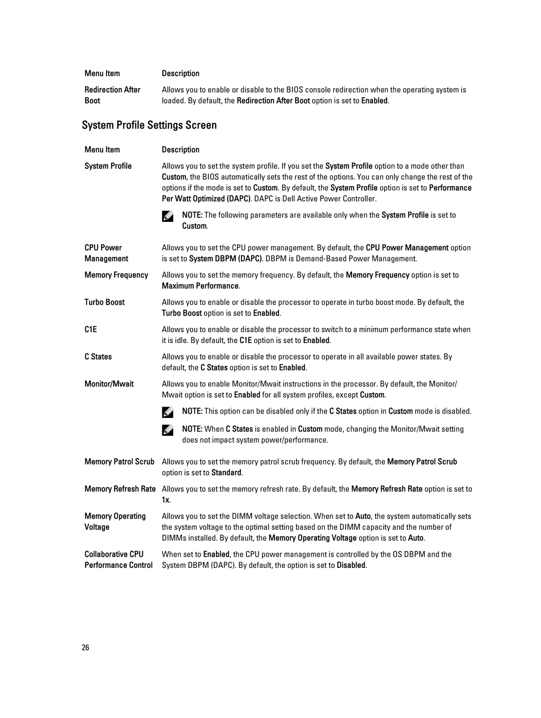 Dell E23S Series owner manual System Profile Settings Screen 