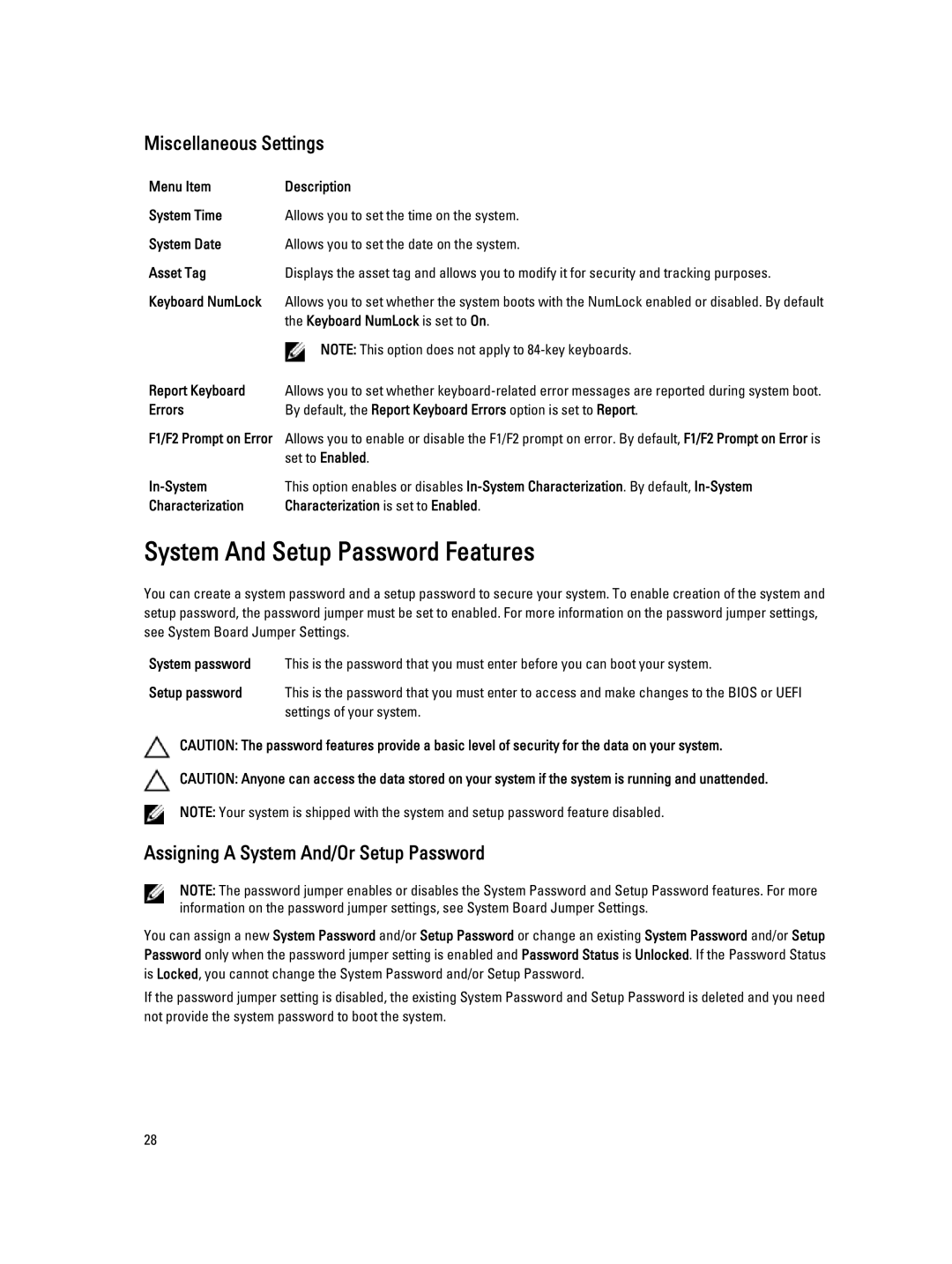 Dell E23S Series System And Setup Password Features, Miscellaneous Settings, Assigning a System And/Or Setup Password 