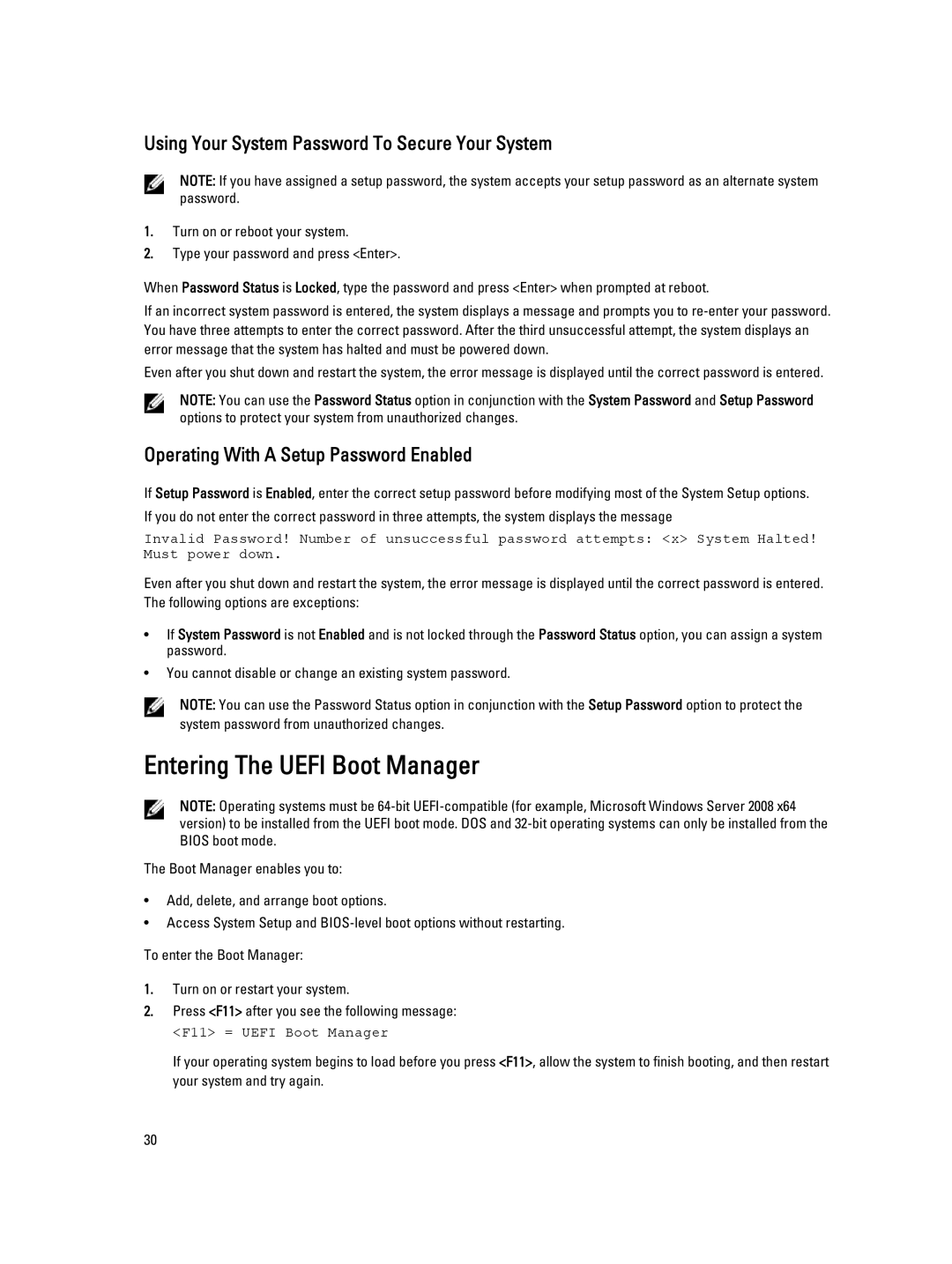 Dell E23S Series owner manual Entering The Uefi Boot Manager, Using Your System Password To Secure Your System 