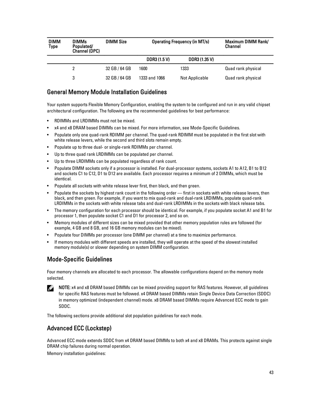 Dell E23S Series General Memory Module Installation Guidelines, Mode-Specific Guidelines, Advanced ECC Lockstep 