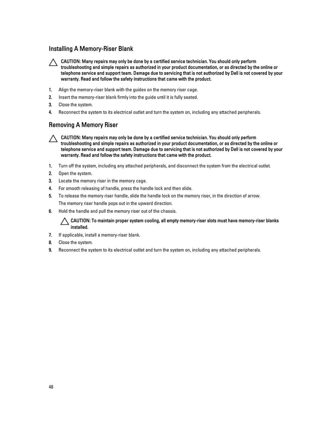 Dell E23S Series owner manual Installing a Memory-Riser Blank, Removing a Memory Riser 