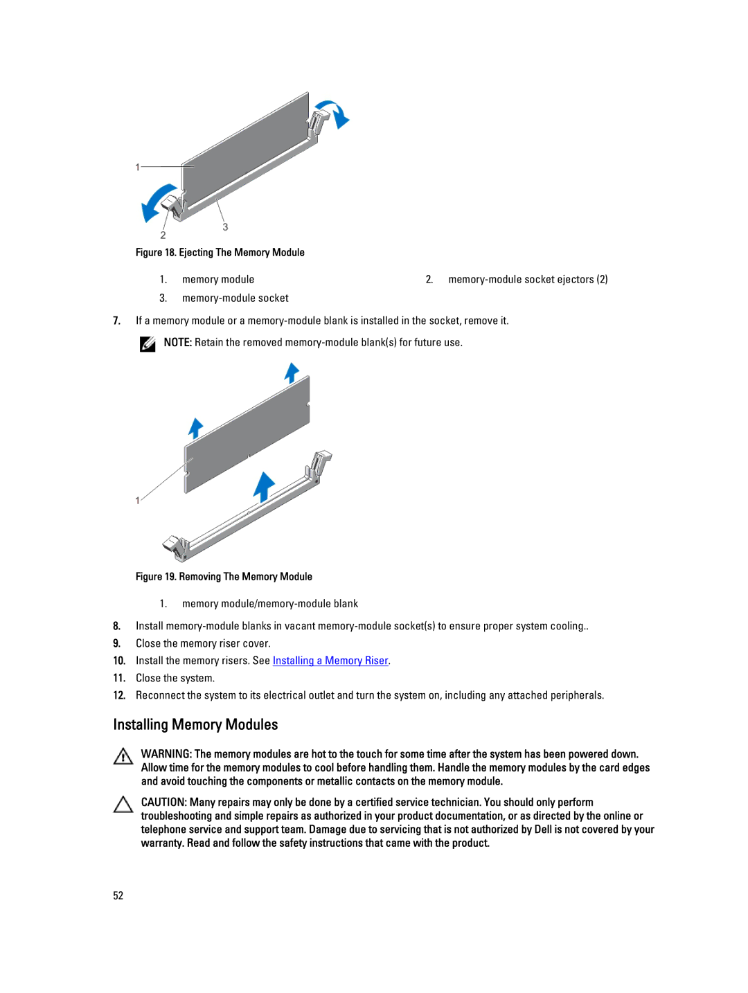 Dell E23S Series owner manual Installing Memory Modules, Ejecting The Memory Module 