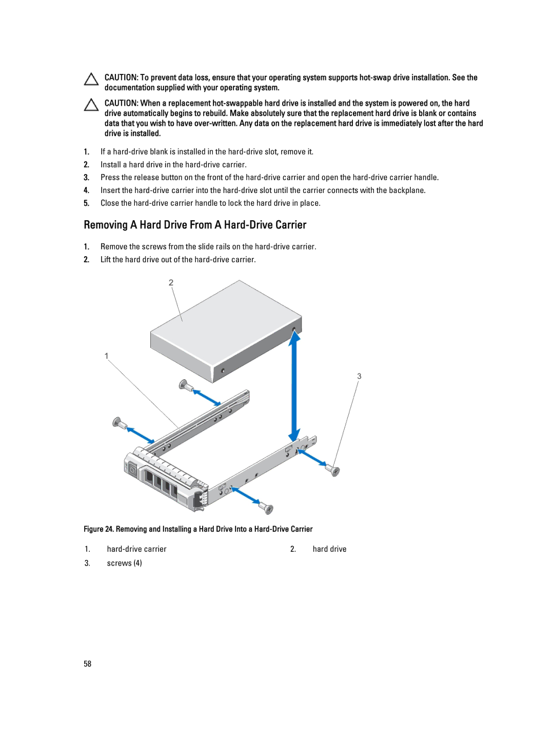 Dell E23S Series owner manual Removing a Hard Drive From a Hard-Drive Carrier 