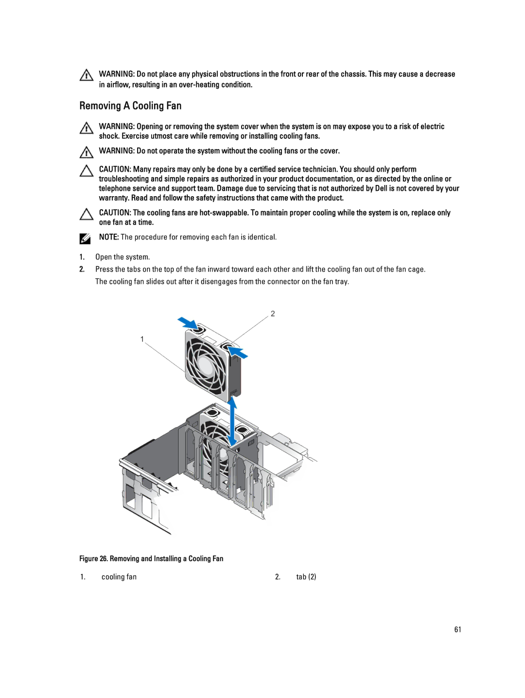 Dell E23S Series owner manual Removing a Cooling Fan, Removing and Installing a Cooling Fan 