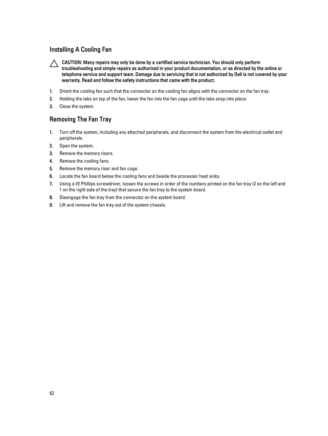 Dell E23S Series owner manual Installing a Cooling Fan, Removing The Fan Tray 