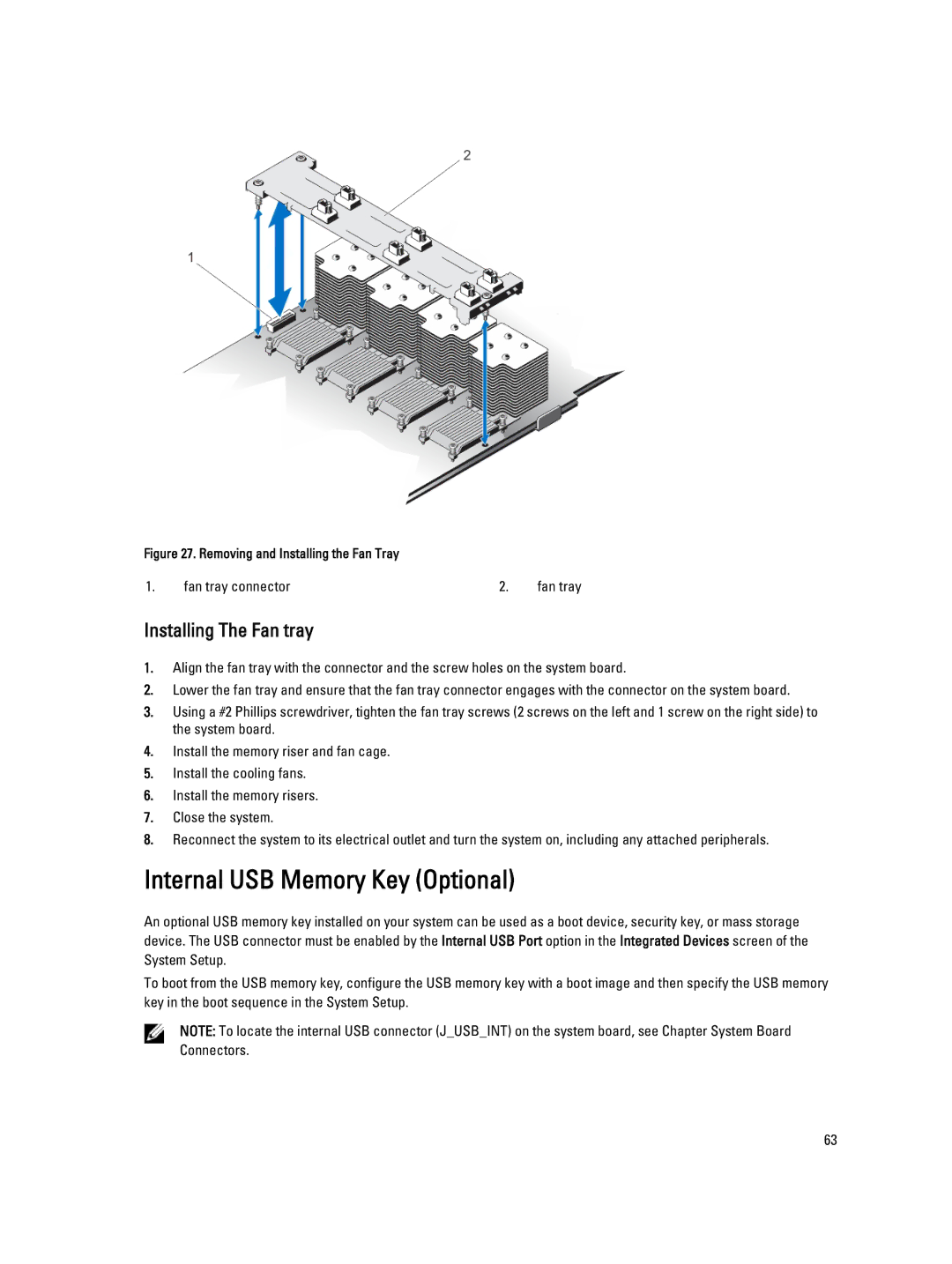 Dell E23S Series owner manual Internal USB Memory Key Optional, Installing The Fan tray 