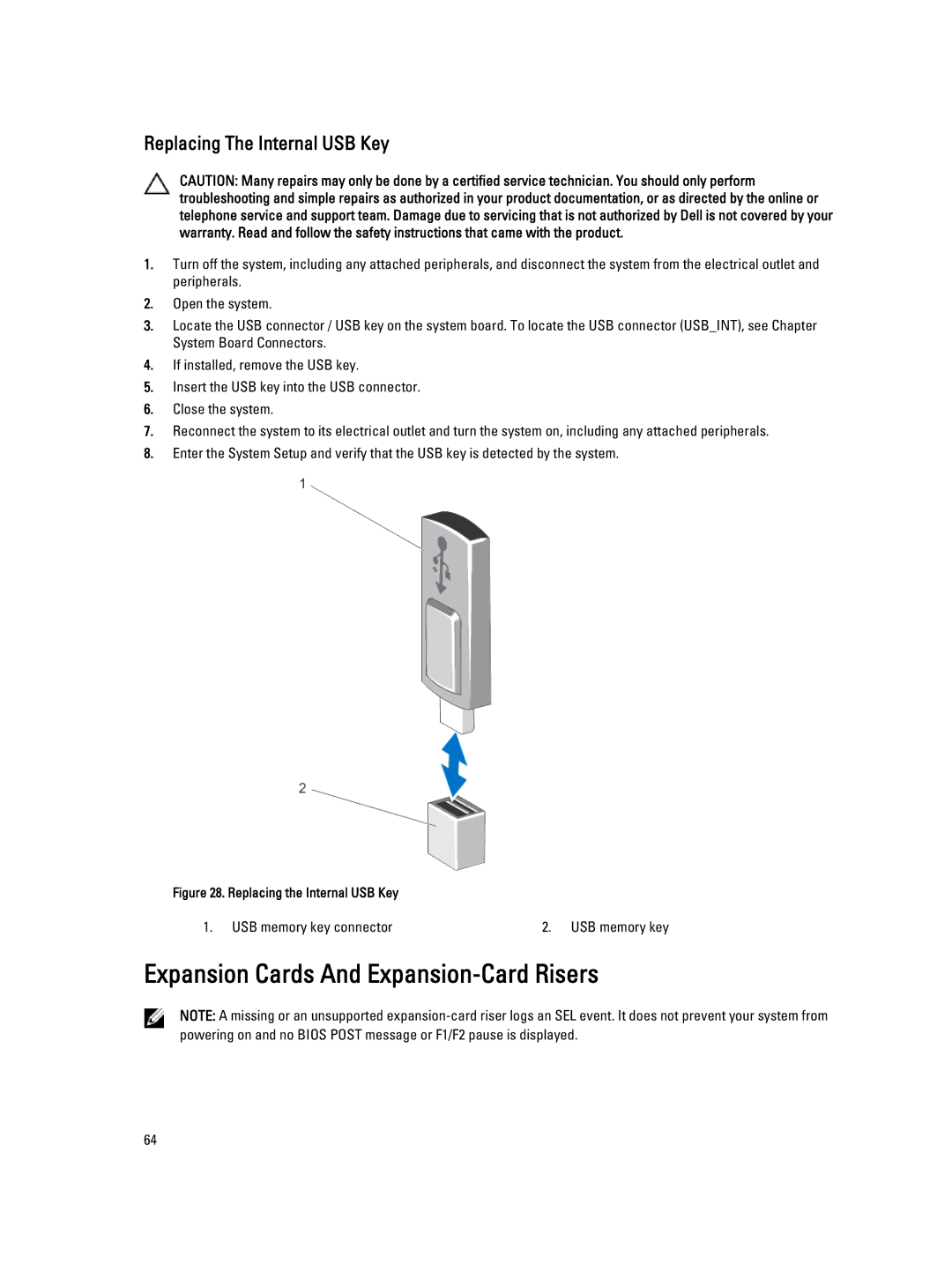 Dell E23S Series owner manual Expansion Cards And Expansion-Card Risers, Replacing The Internal USB Key 