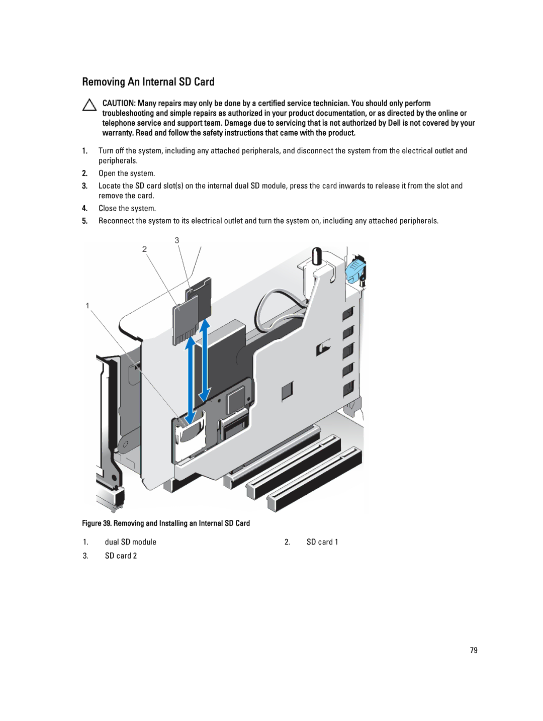 Dell E23S Series owner manual Removing An Internal SD Card, Removing and Installing an Internal SD Card 