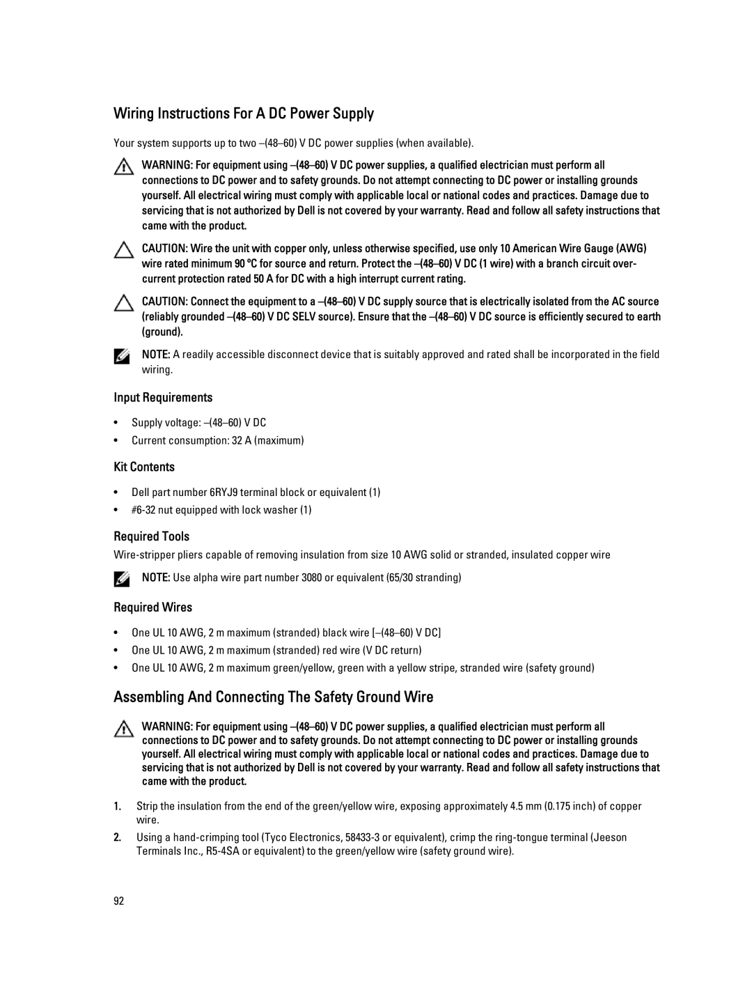 Dell E23S Series owner manual Wiring Instructions For a DC Power Supply, Assembling And Connecting The Safety Ground Wire 