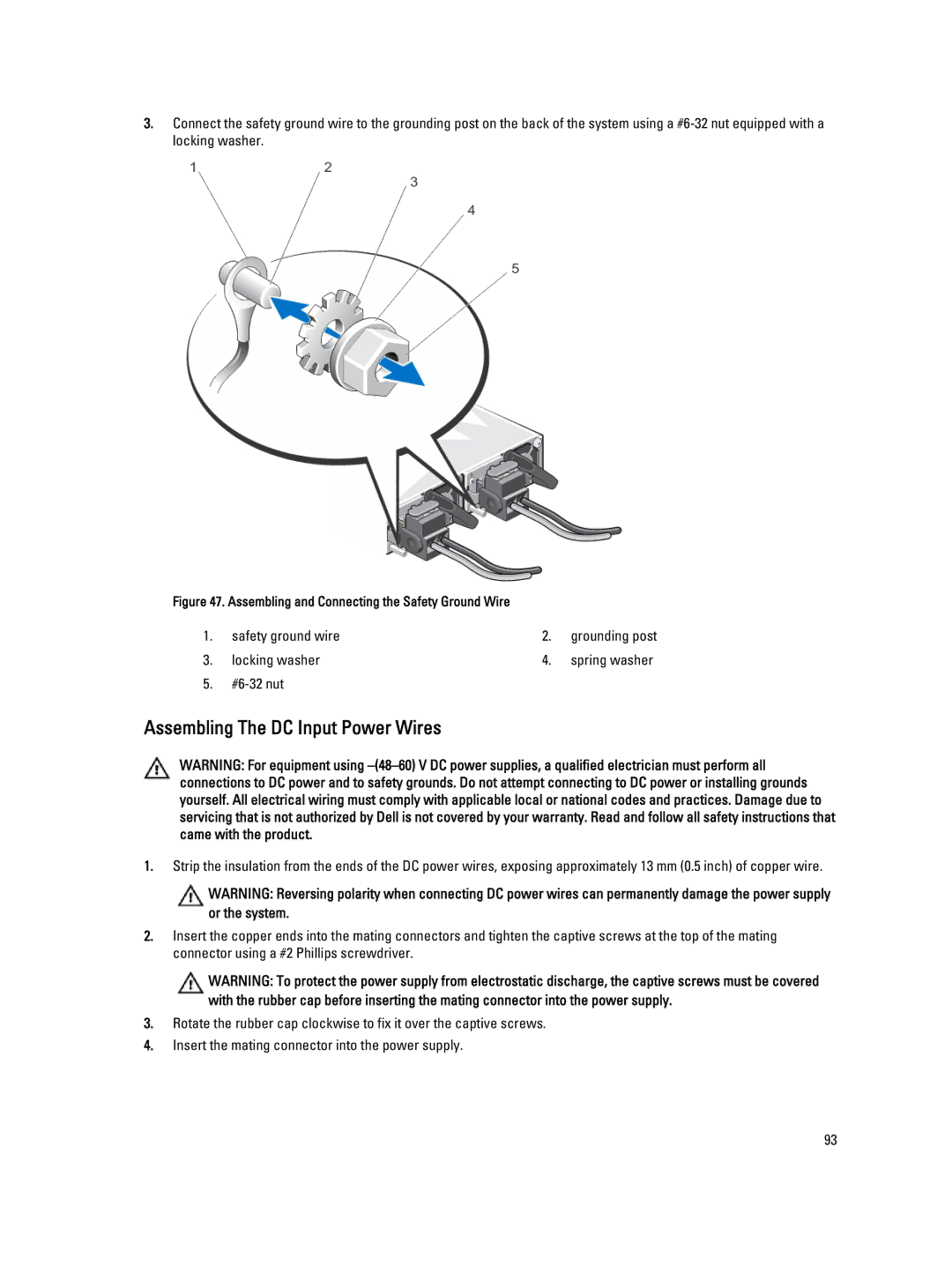 Dell E23S Series owner manual Assembling The DC Input Power Wires, Assembling and Connecting the Safety Ground Wire 