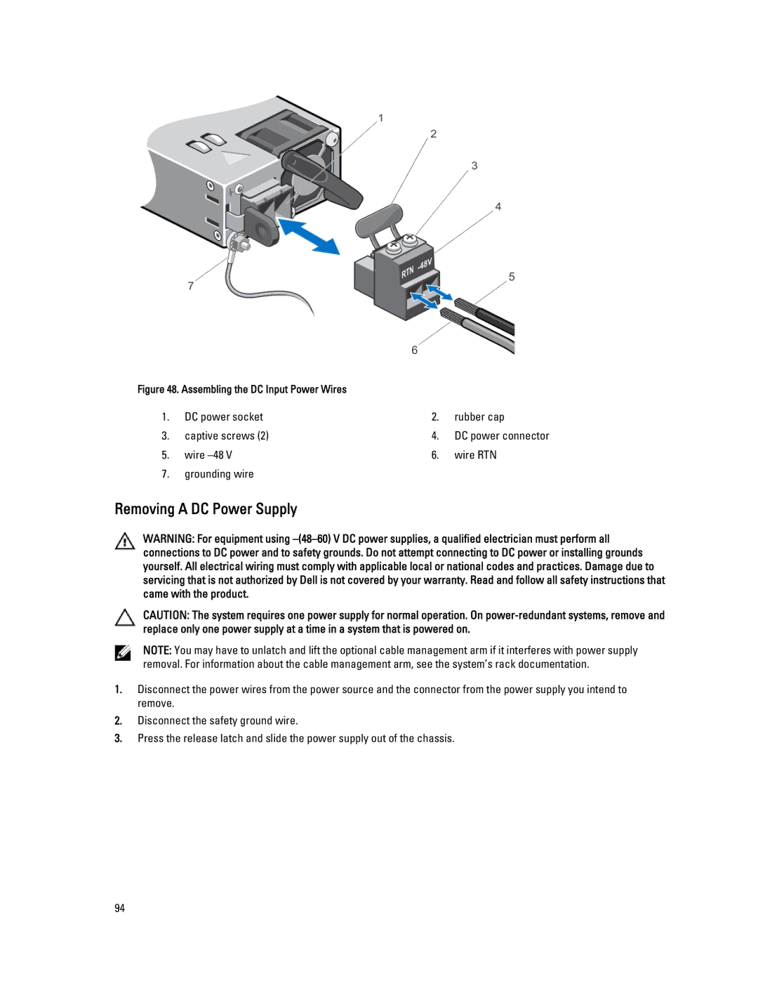 Dell E23S Series owner manual Removing a DC Power Supply, Assembling the DC Input Power Wires 