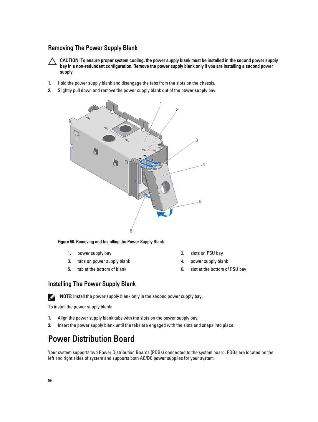 Dell E23S Series owner manual Power Distribution Board, Removing The Power Supply Blank, Installing The Power Supply Blank 