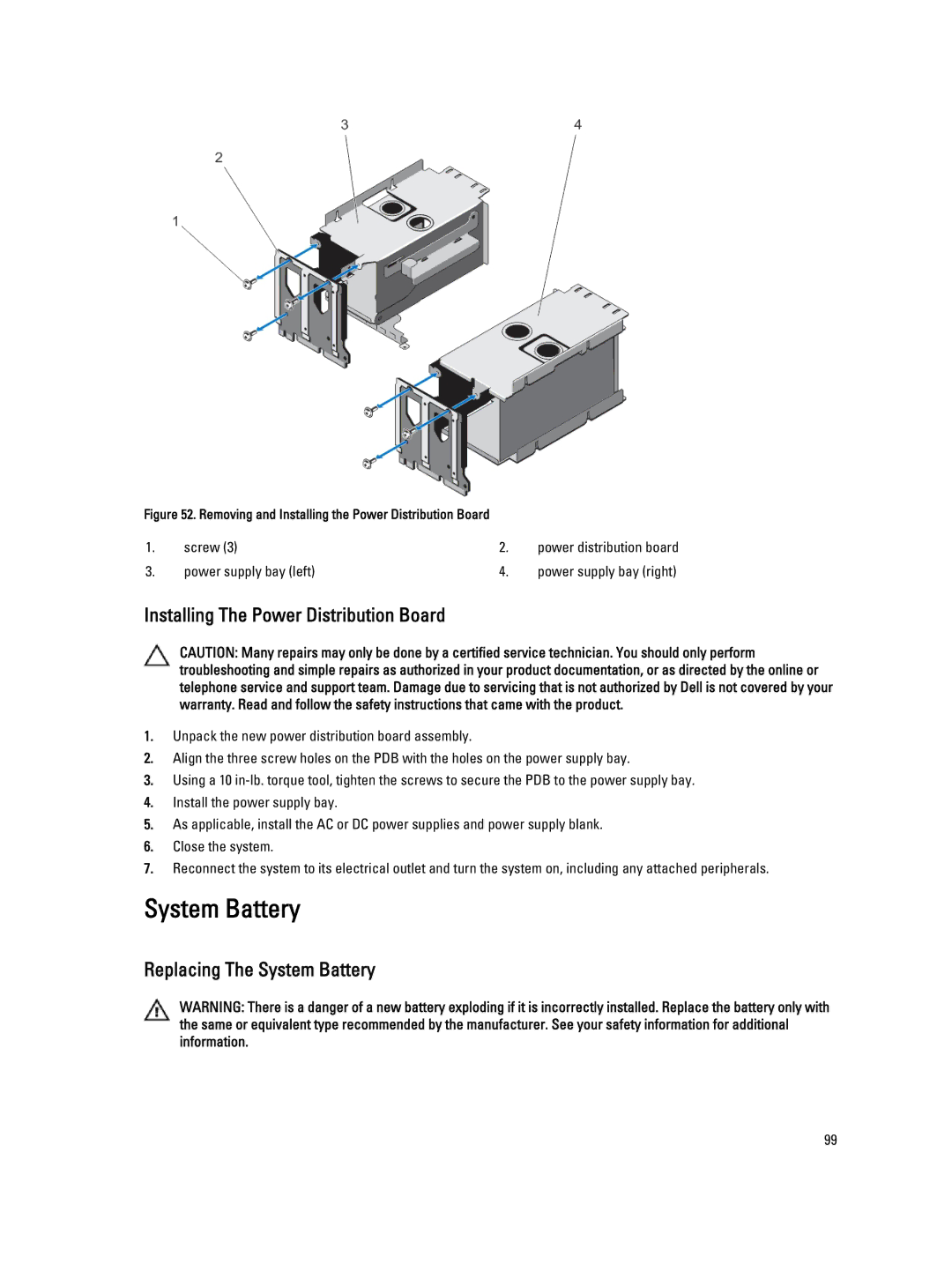 Dell E23S Series owner manual Installing The Power Distribution Board, Replacing The System Battery 