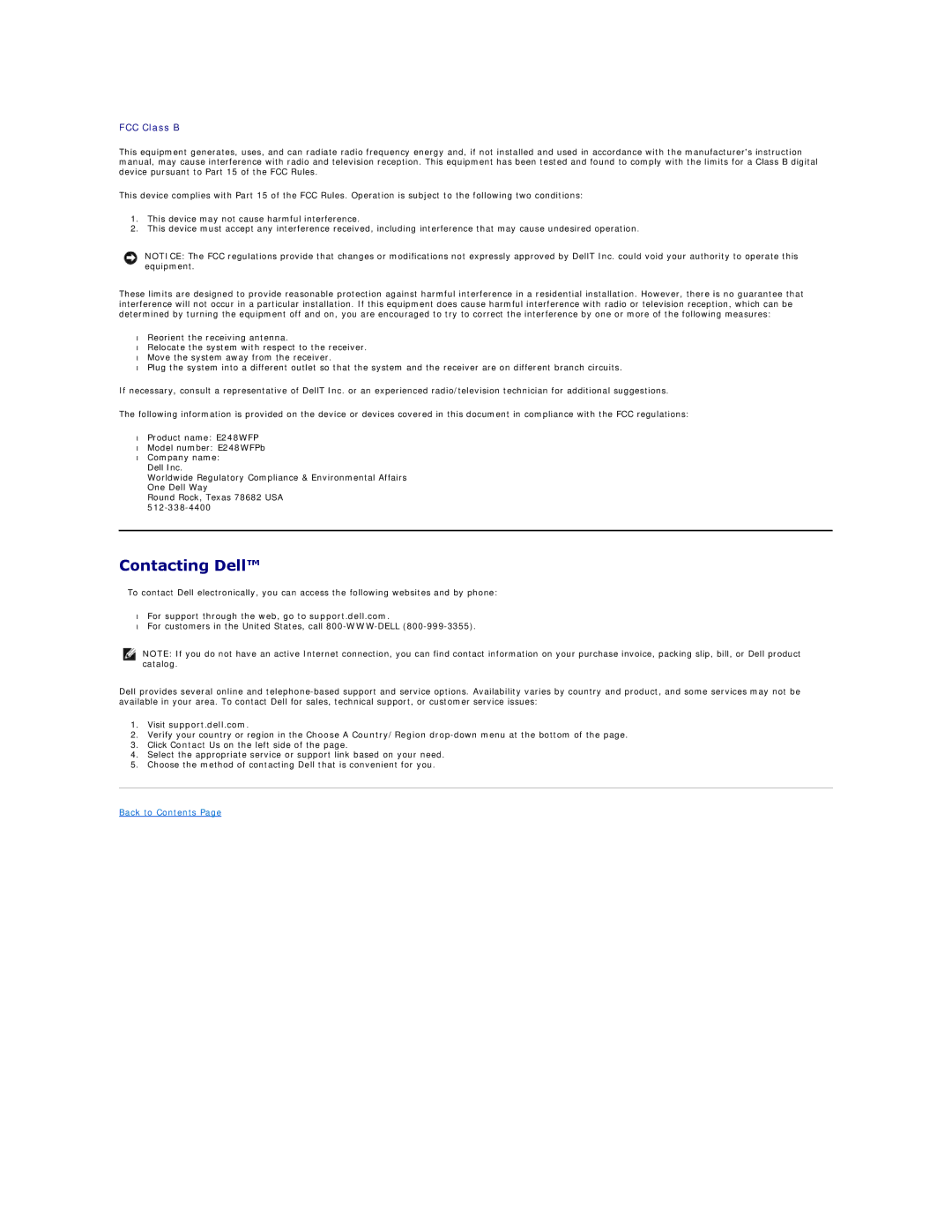 Dell E248WFP appendix Contacting Dell, Visit support.dell.com 