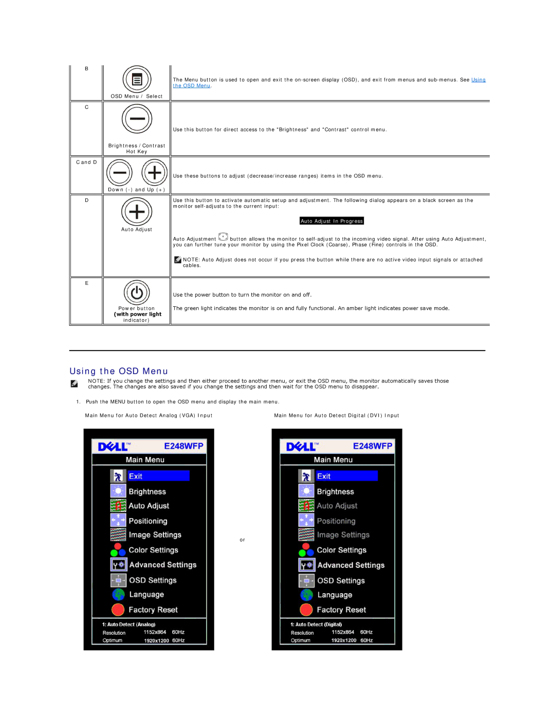 Dell E248WFP appendix Using the OSD Menu, Power button with power light indicator 