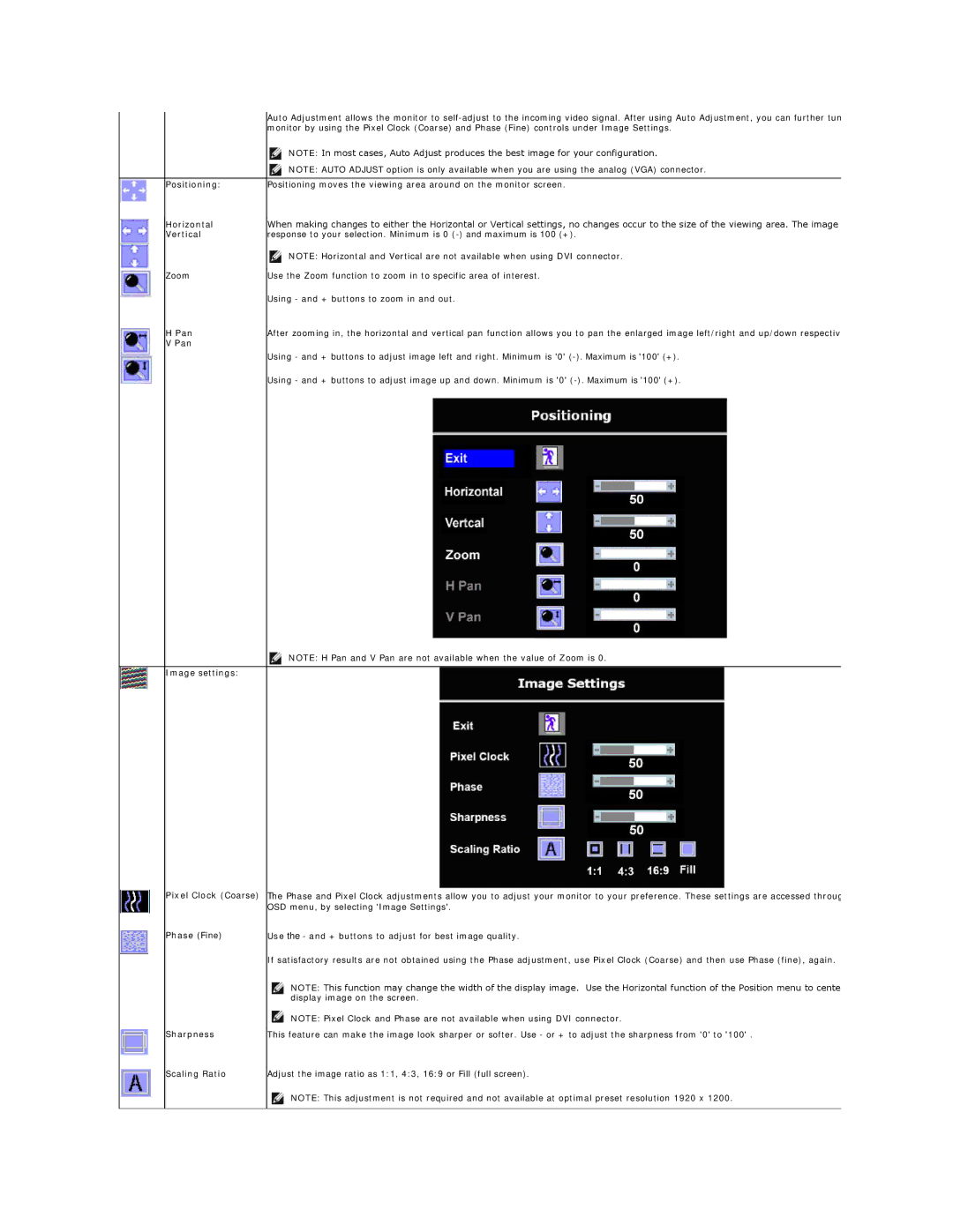 Dell E248WFP Positioning, Vertical, Zoom, Pan, Image settings Pixel Clock Coarse, Phase Fine, Sharpness, Scaling Ratio 