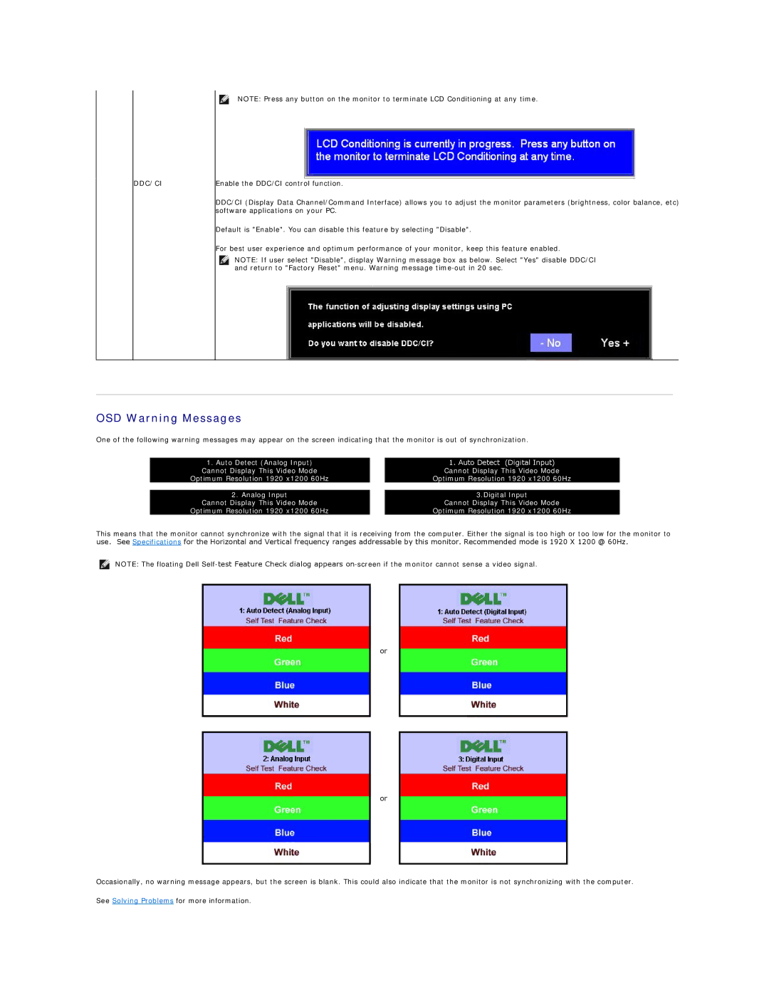 Dell E248WFP appendix OSD Warning Messages, Ddc/Ci 