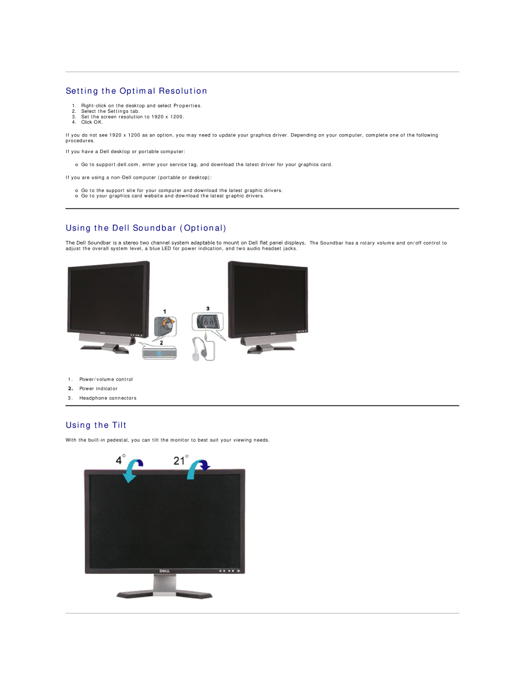 Dell E248WFP appendix Setting the Optimal Resolution, Using the Dell Soundbar Optional, Using the Tilt 