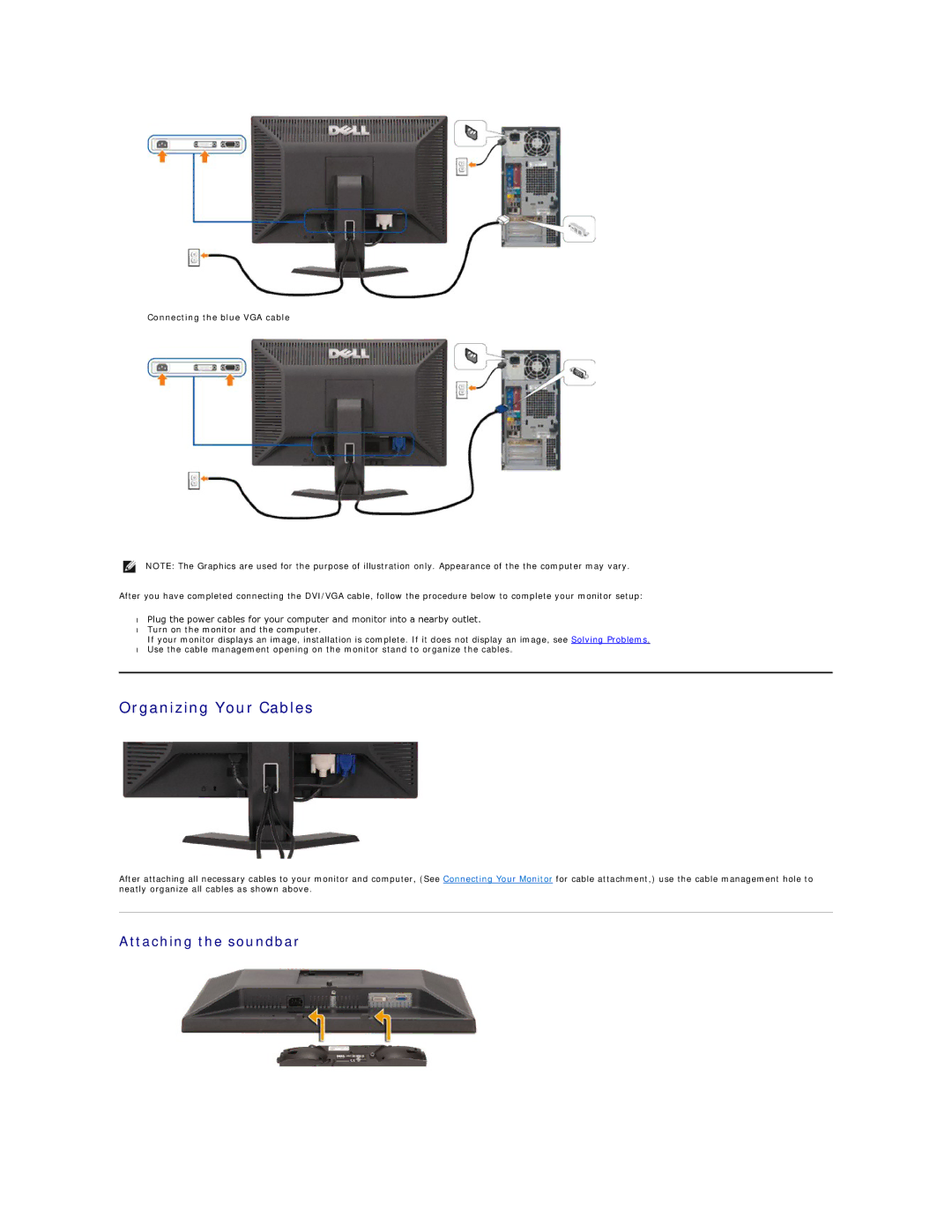 Dell E248WFP appendix Organizing Your Cables, Attaching the soundbar, Connecting the blue VGA cable 