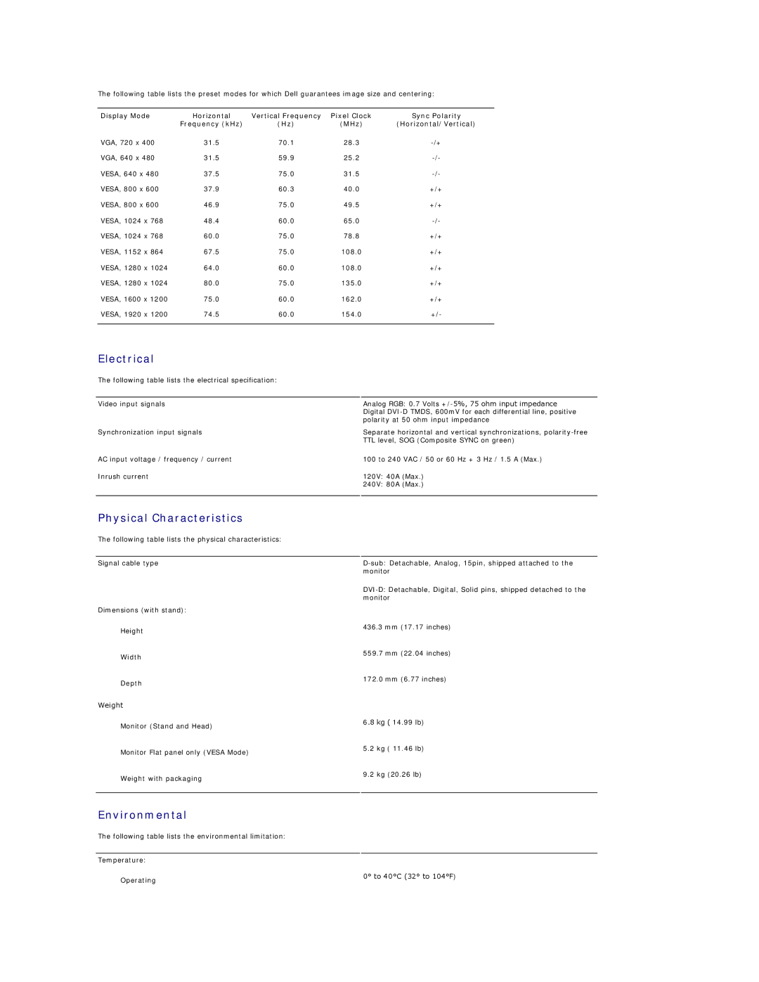 Dell E248WFP appendix Electrical, Physical Characteristics, Environmental 