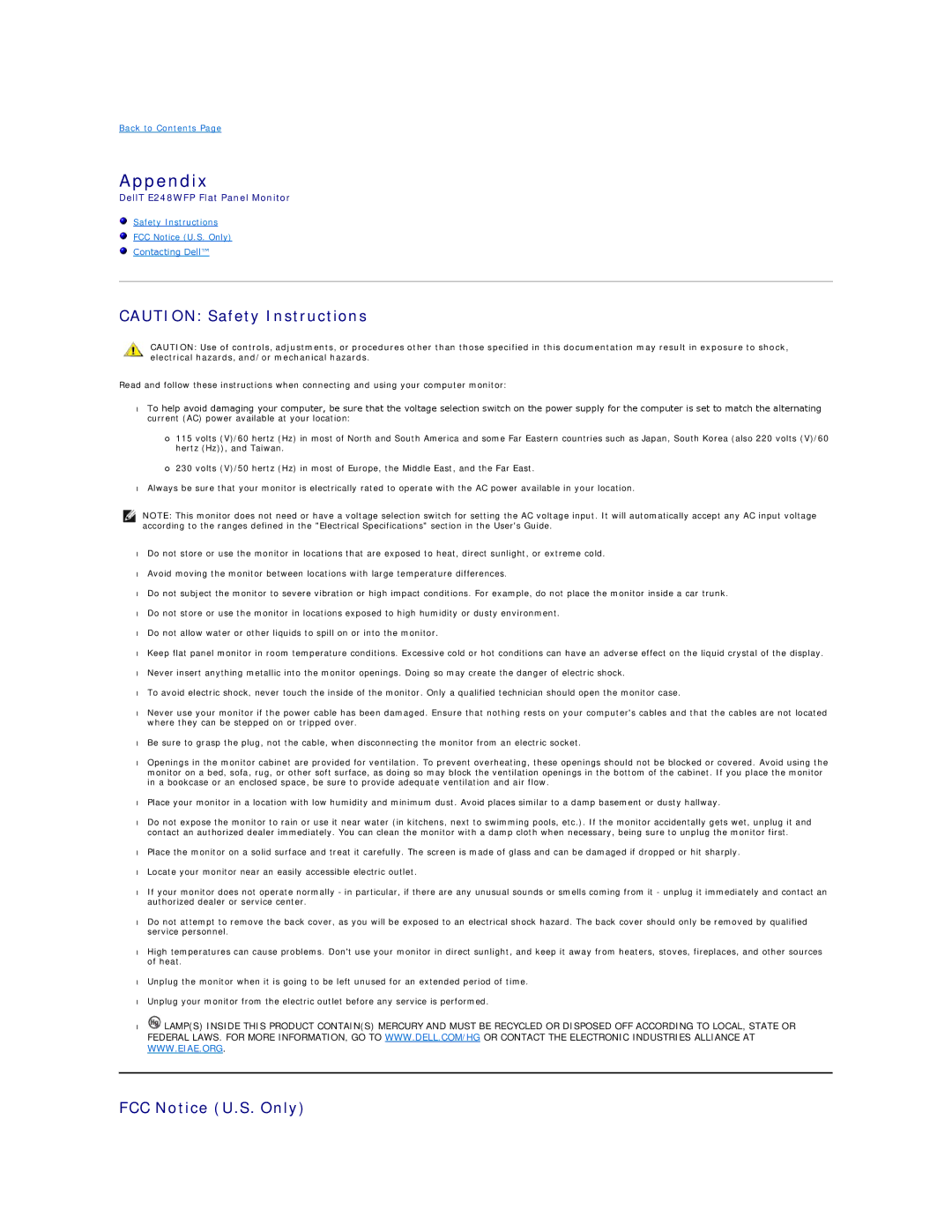 Dell E248WFP appendix Appendix, FCC Notice U.S. Only 