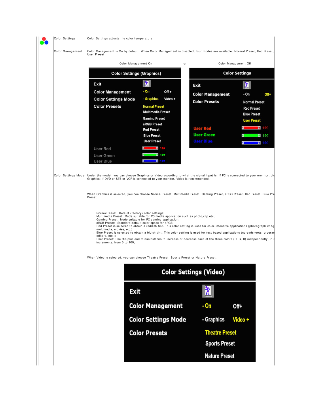 Dell E248WFP appendix Color Settings Color Management Color Settings Mode, Color Settings adjusts the color temperature 