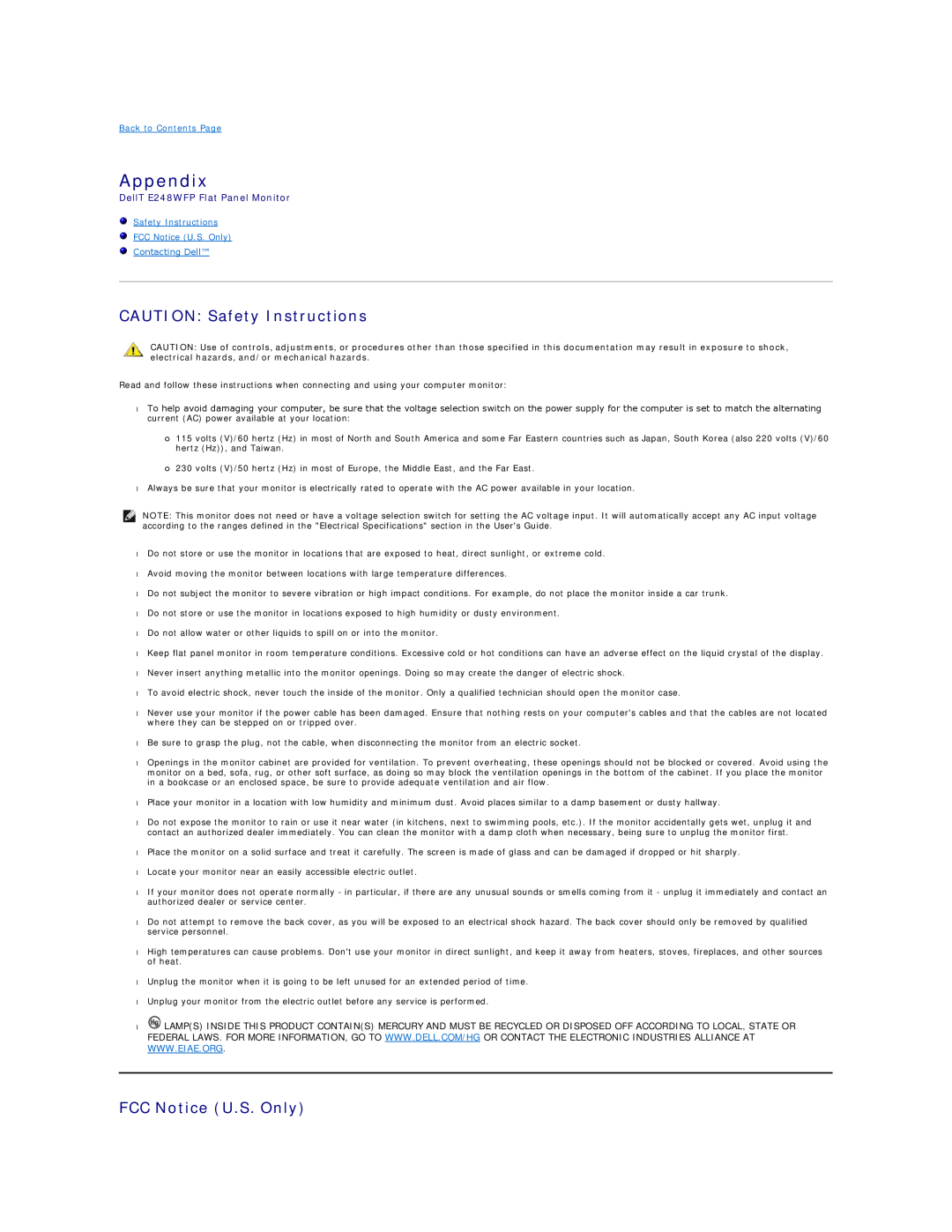 Dell appendix Appendix, CAUTION Safety Instructions, FCC Notice U.S. Only, DellT E248WFP Flat Panel Monitor 