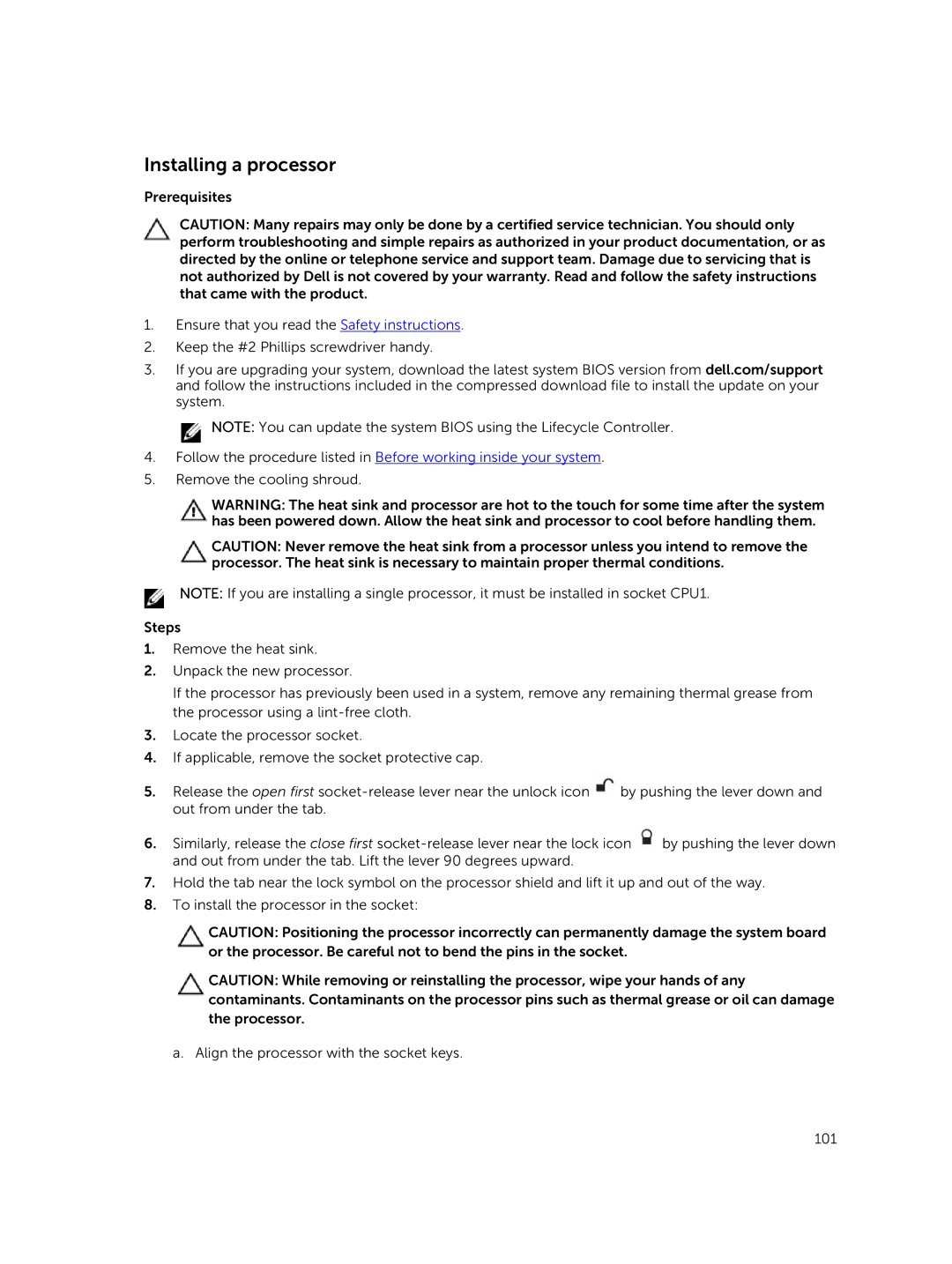 Dell E26S Series owner manual Installing a processor 