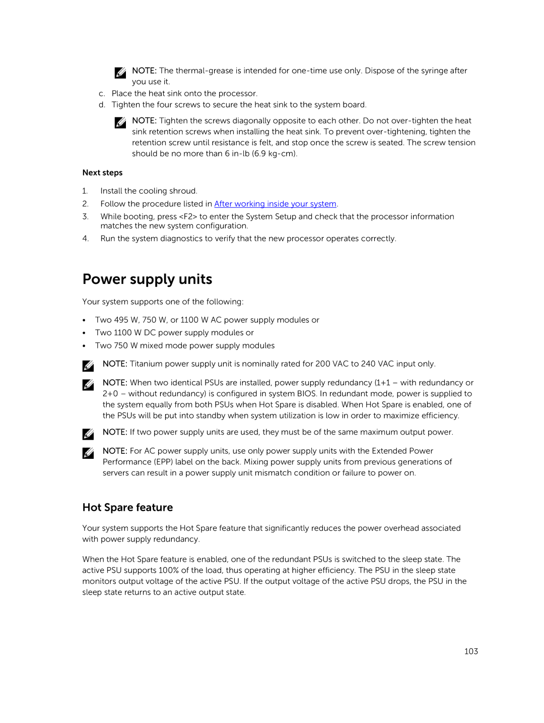 Dell E26S Series owner manual Power supply units, Hot Spare feature 