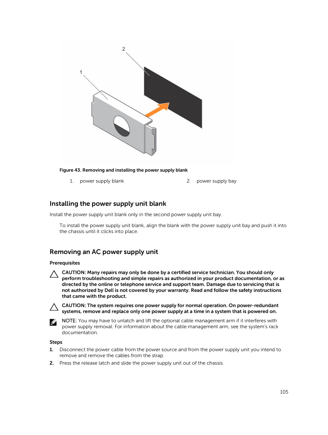 Dell E26S Series owner manual Installing the power supply unit blank, Removing an AC power supply unit 