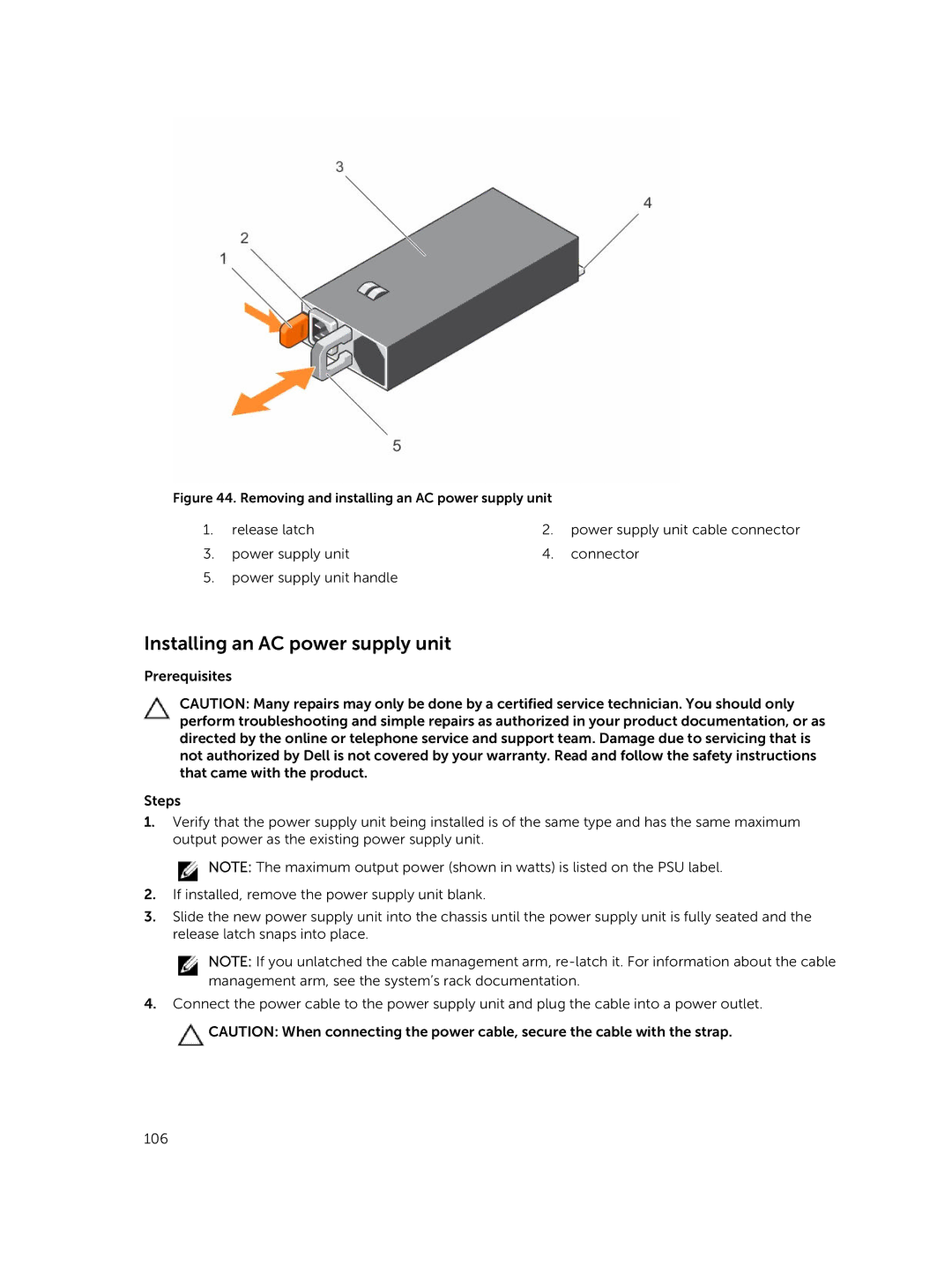 Dell E26S Series owner manual Installing an AC power supply unit, Removing and installing an AC power supply unit 