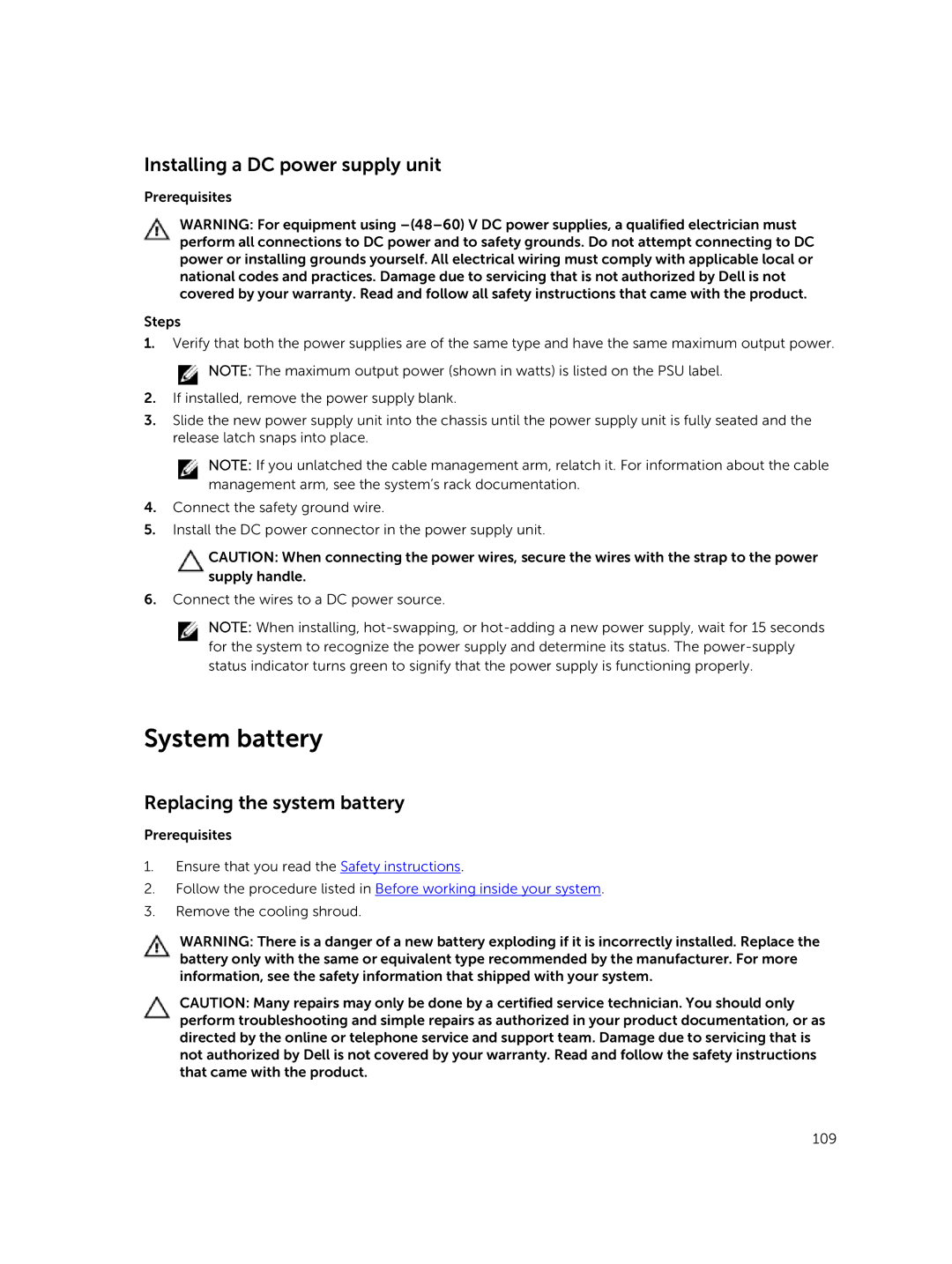 Dell E26S Series owner manual System battery, Installing a DC power supply unit, Replacing the system battery 