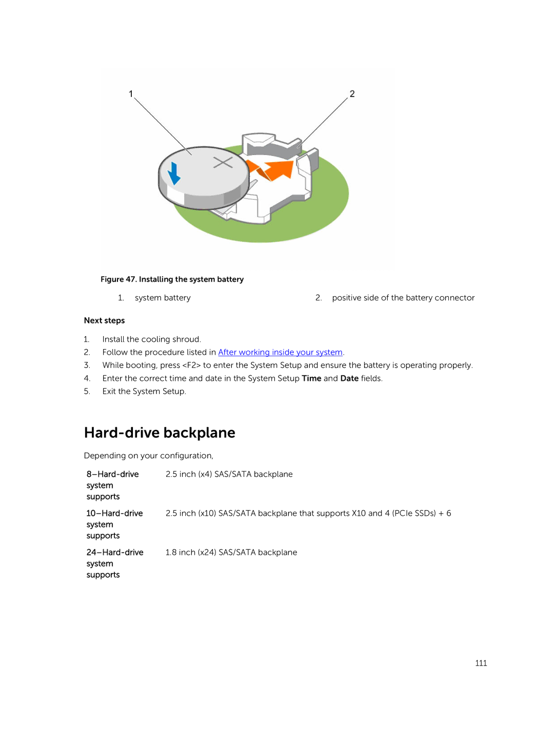 Dell E26S Series owner manual Hard-drive backplane, Installing the system battery 