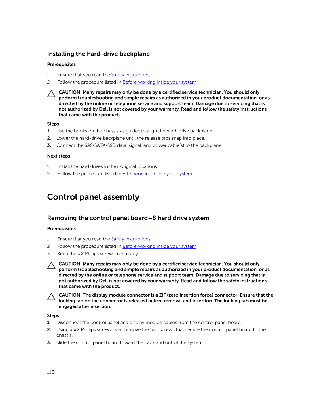 Dell E26S Series owner manual Control panel assembly, Installing the hard-drive backplane 