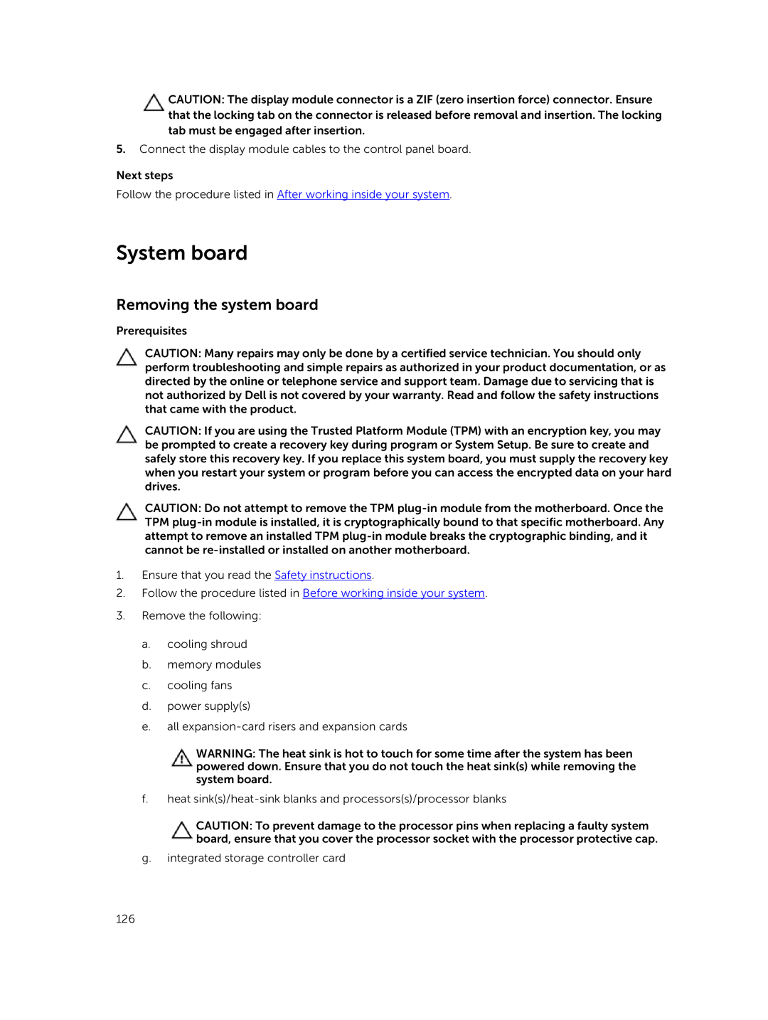 Dell E26S Series owner manual System board, Removing the system board 