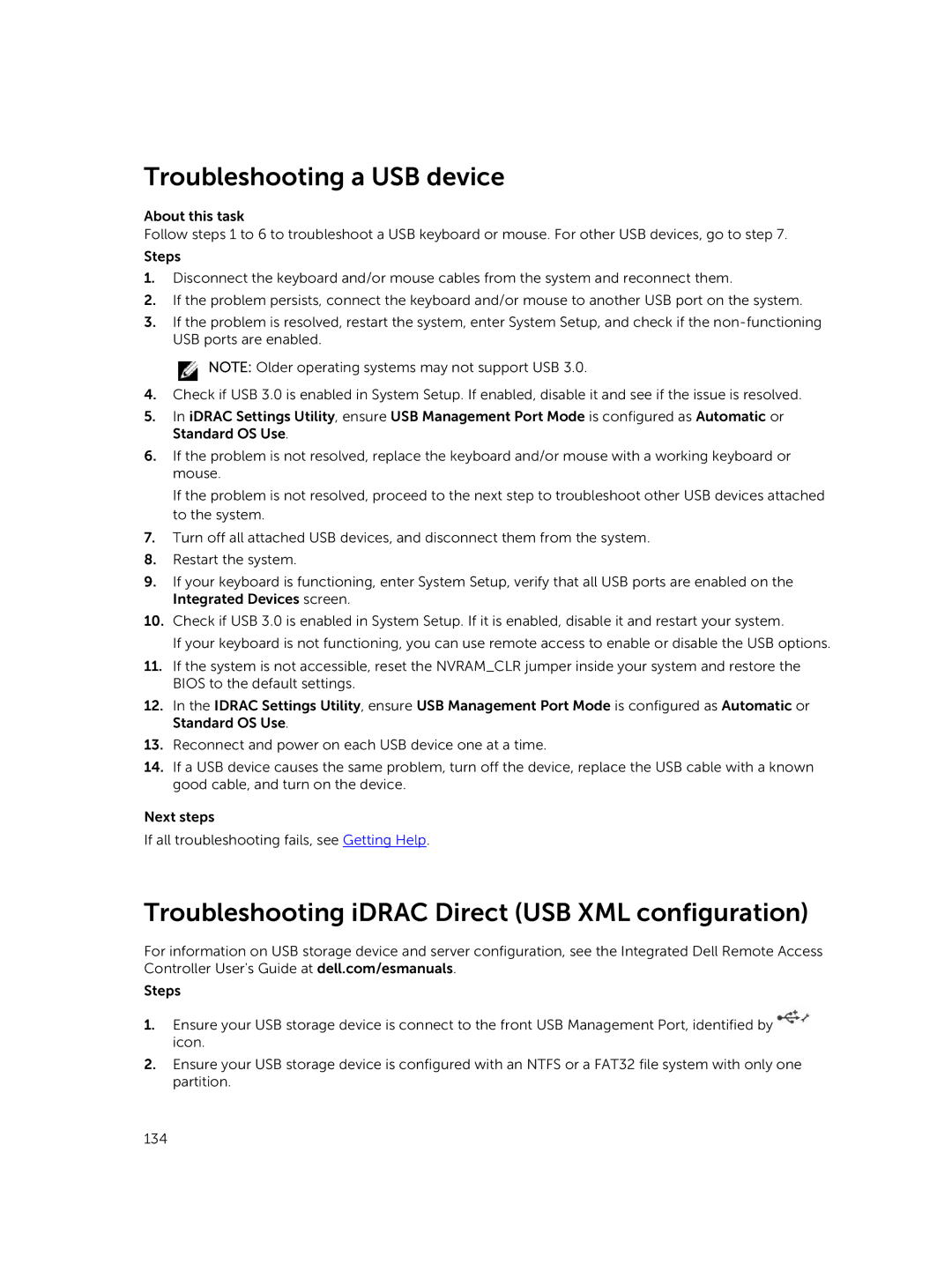 Dell E26S Series owner manual Troubleshooting a USB device, Troubleshooting iDRAC Direct USB XML configuration 