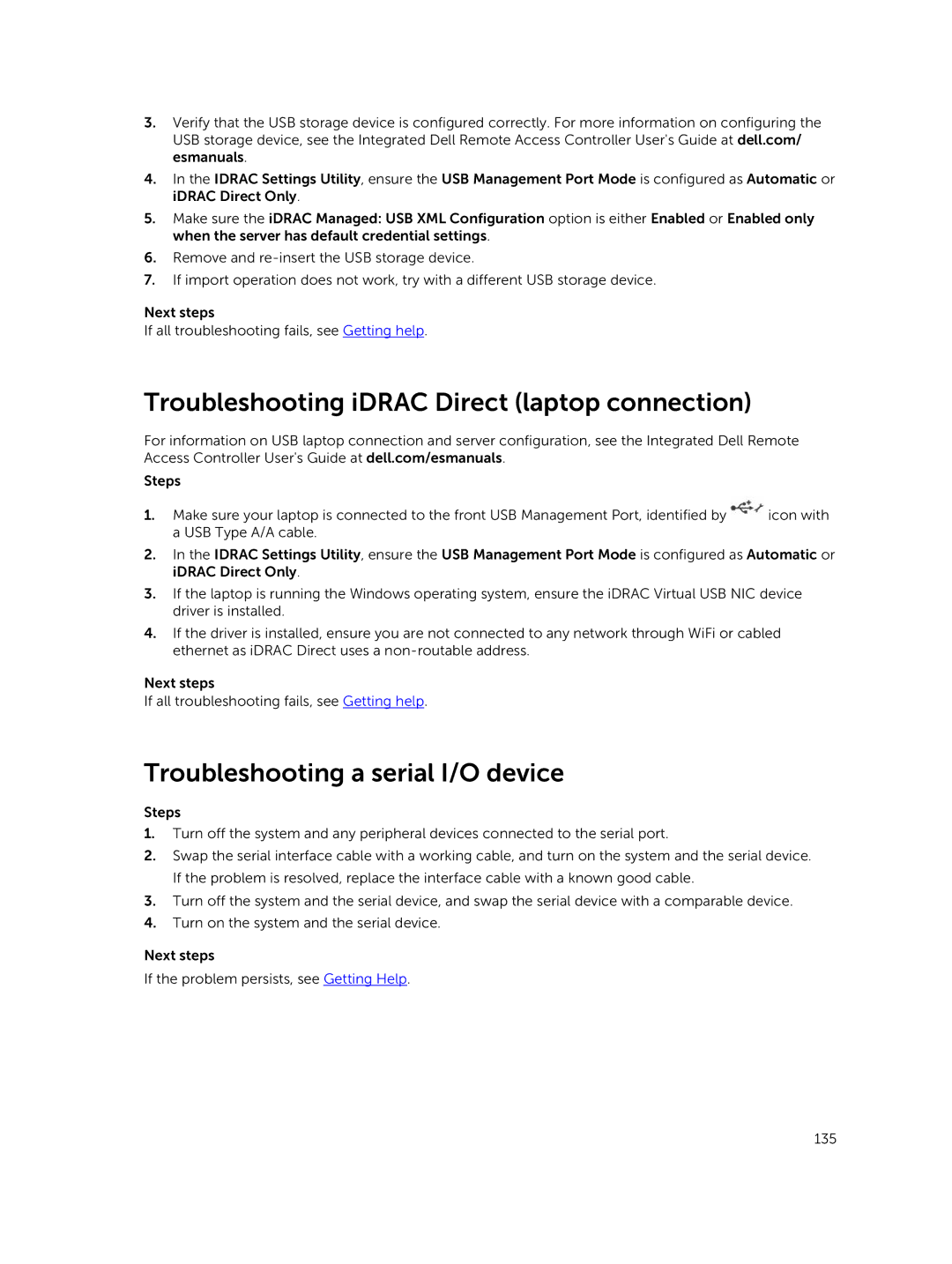 Dell E26S Series owner manual Troubleshooting iDRAC Direct laptop connection, Troubleshooting a serial I/O device 