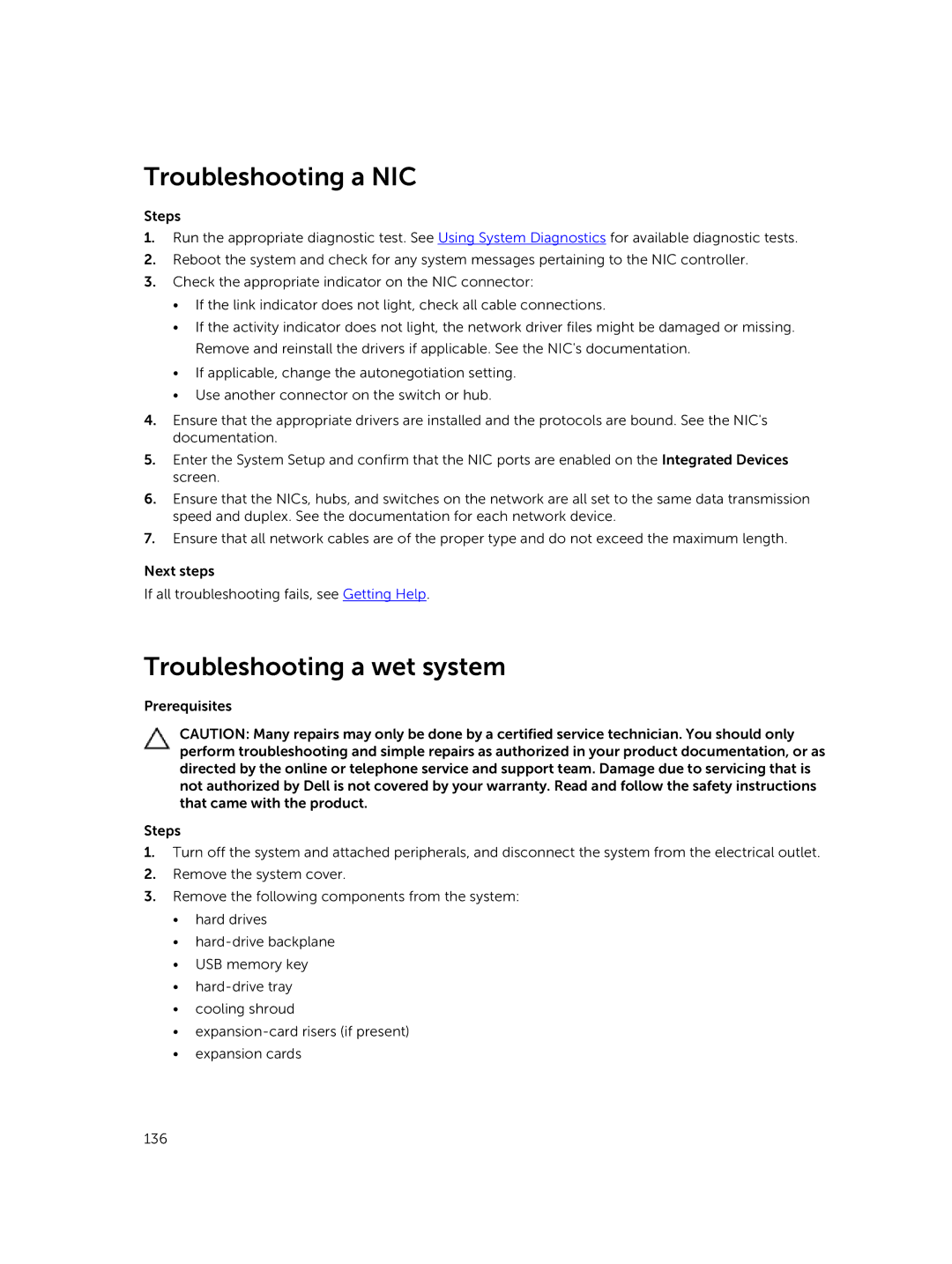 Dell E26S Series owner manual Troubleshooting a NIC, Troubleshooting a wet system 