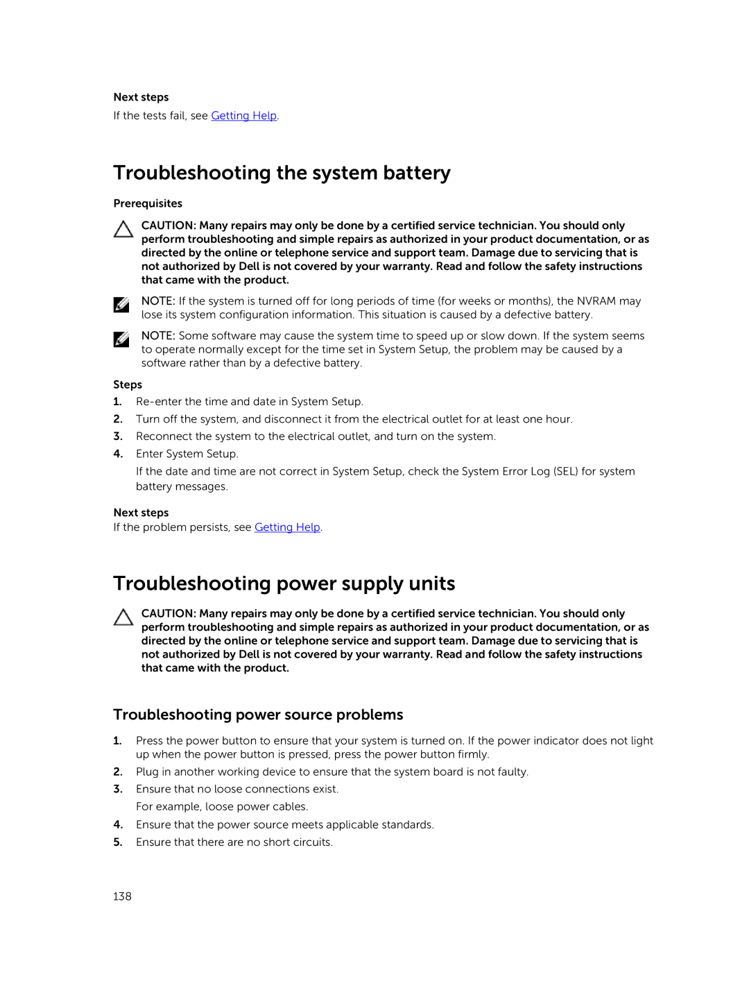 Dell E26S Series owner manual Troubleshooting the system battery, Troubleshooting power supply units 