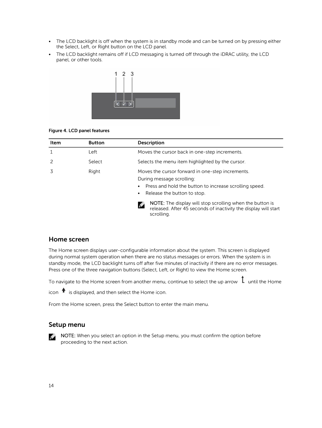 Dell E26S Series owner manual Home screen, Setup menu 