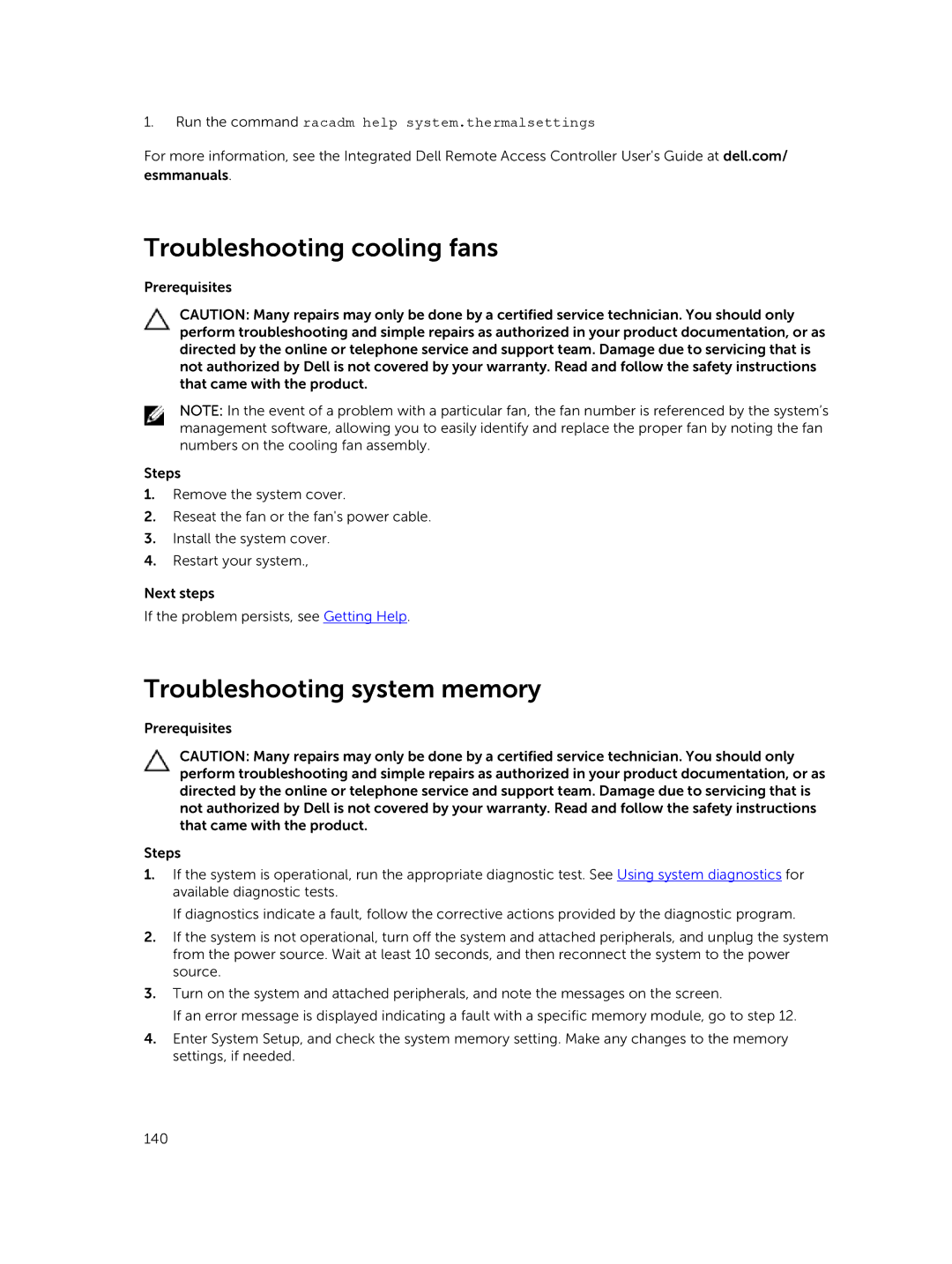 Dell E26S Series owner manual Troubleshooting cooling fans, Troubleshooting system memory 