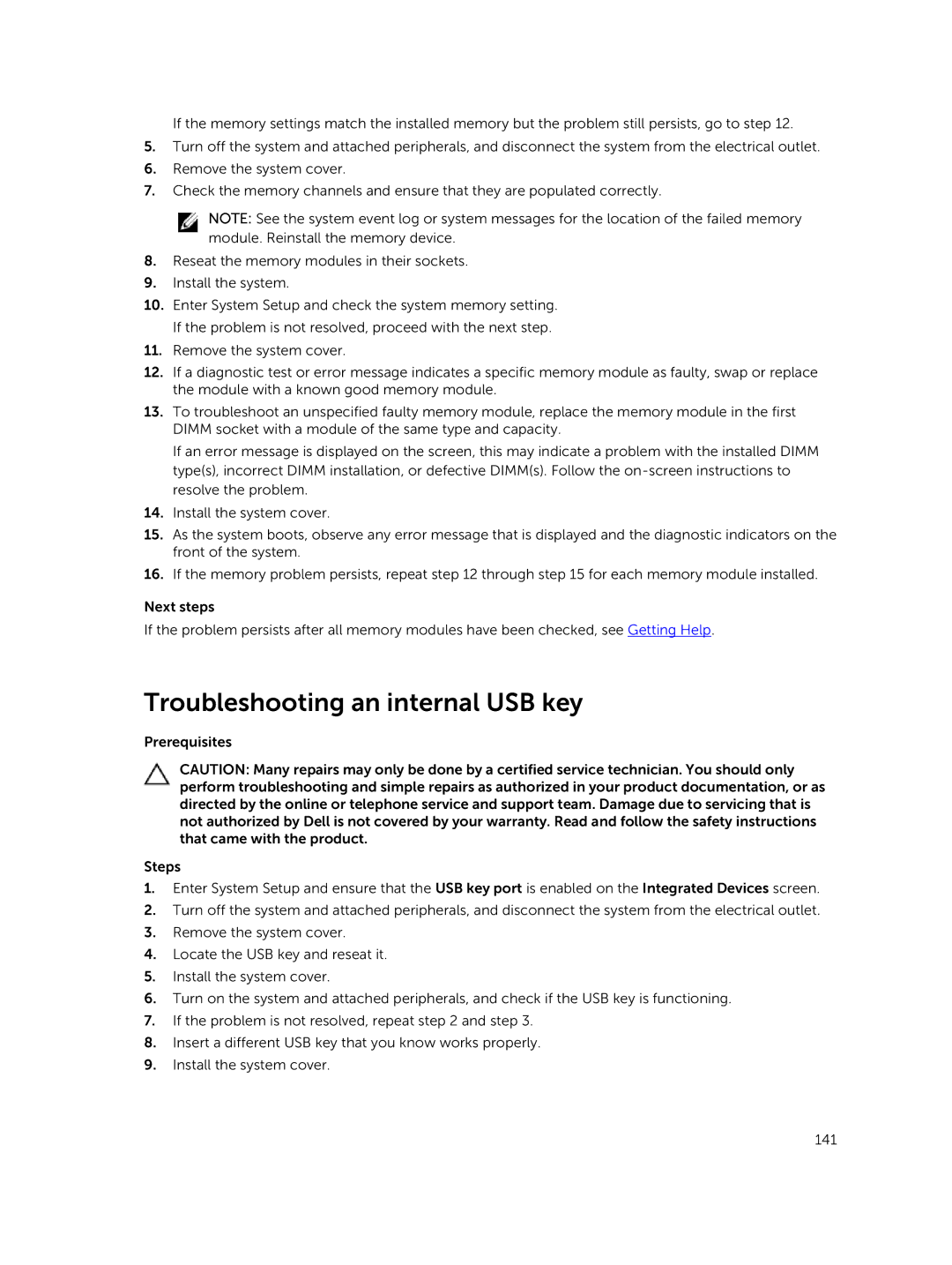 Dell E26S Series owner manual Troubleshooting an internal USB key 