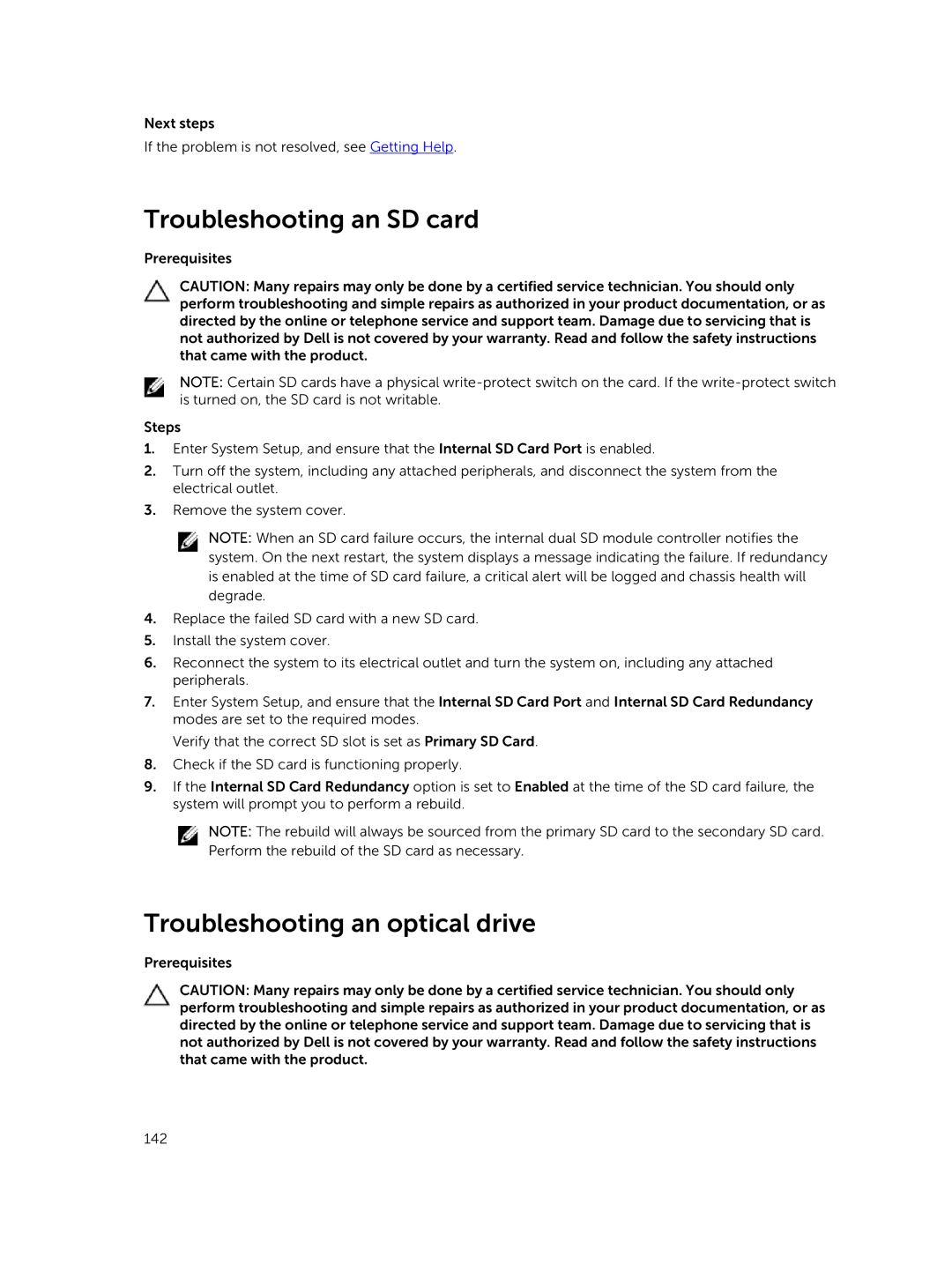 Dell E26S Series owner manual Troubleshooting an SD card, Troubleshooting an optical drive 