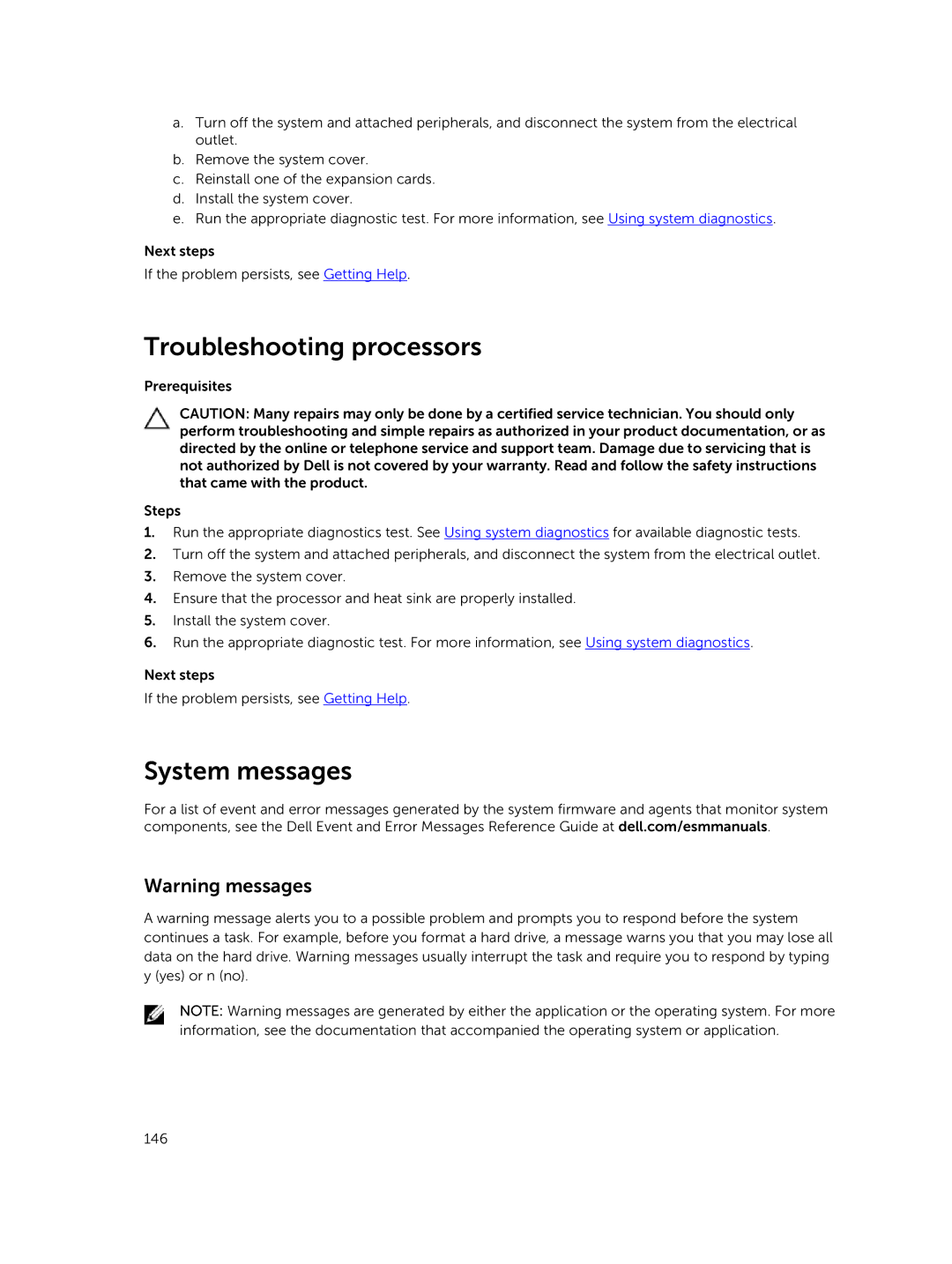 Dell E26S Series owner manual Troubleshooting processors, System messages 