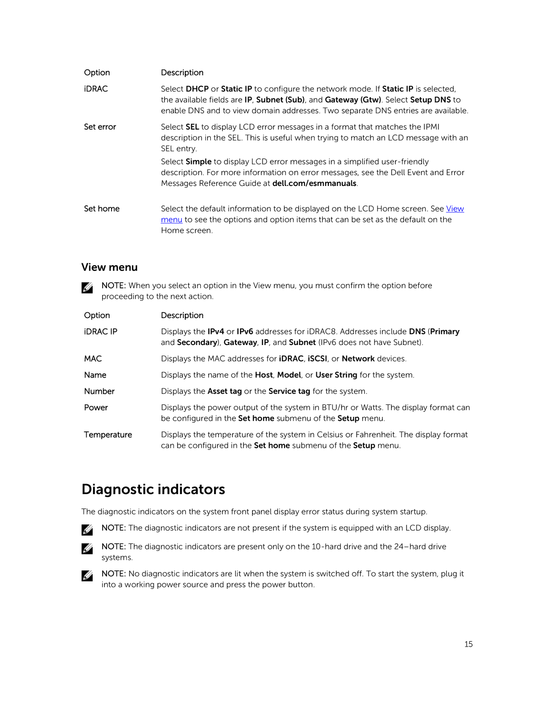 Dell E26S Series owner manual Diagnostic indicators, View menu 