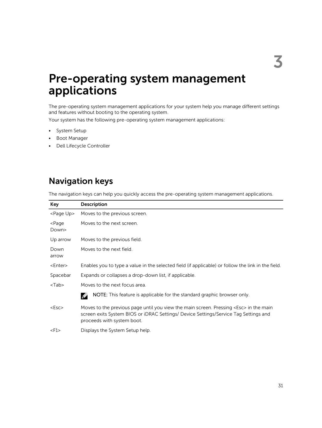 Dell E26S Series owner manual Pre-operating system management applications, Navigation keys 