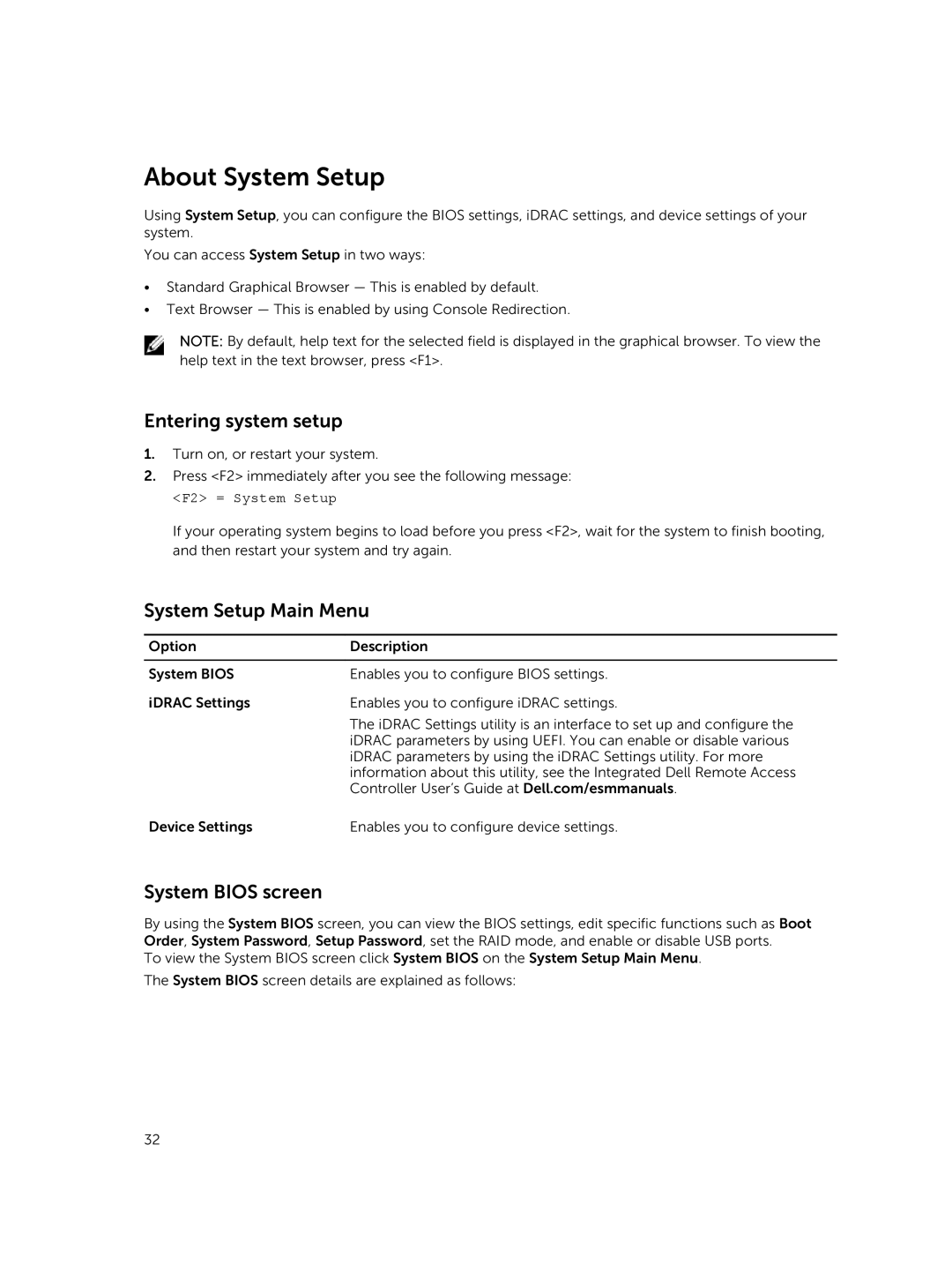 Dell E26S Series owner manual About System Setup, Entering system setup, System Setup Main Menu, System Bios screen 