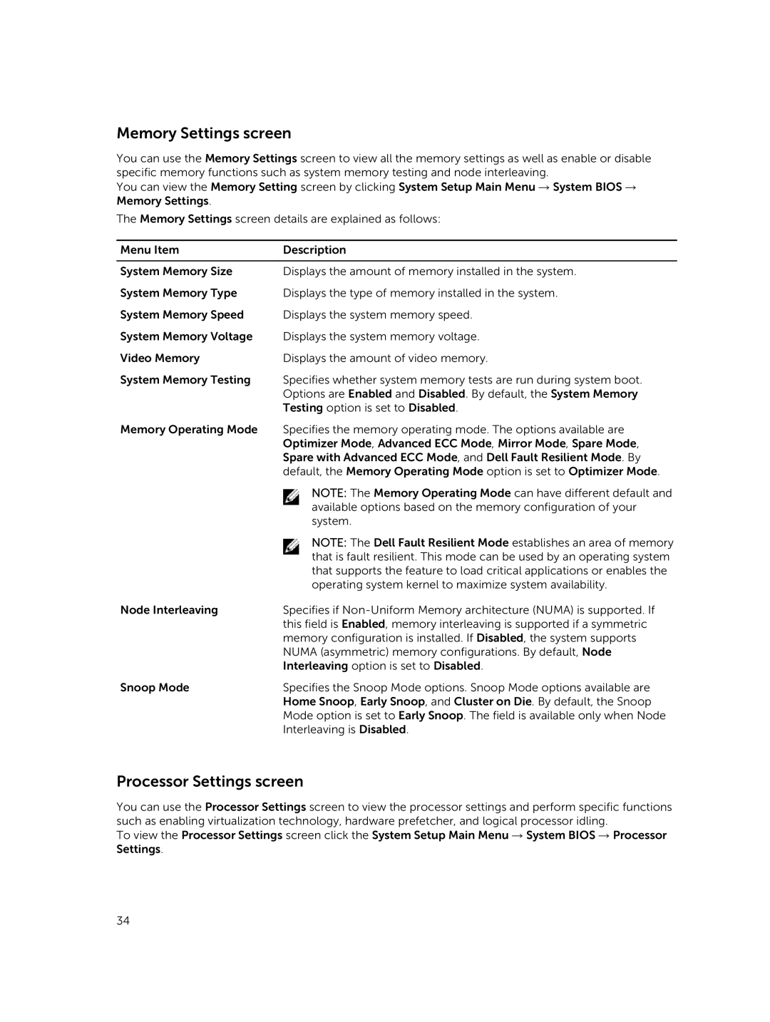 Dell E26S Series owner manual Memory Settings screen, Processor Settings screen 